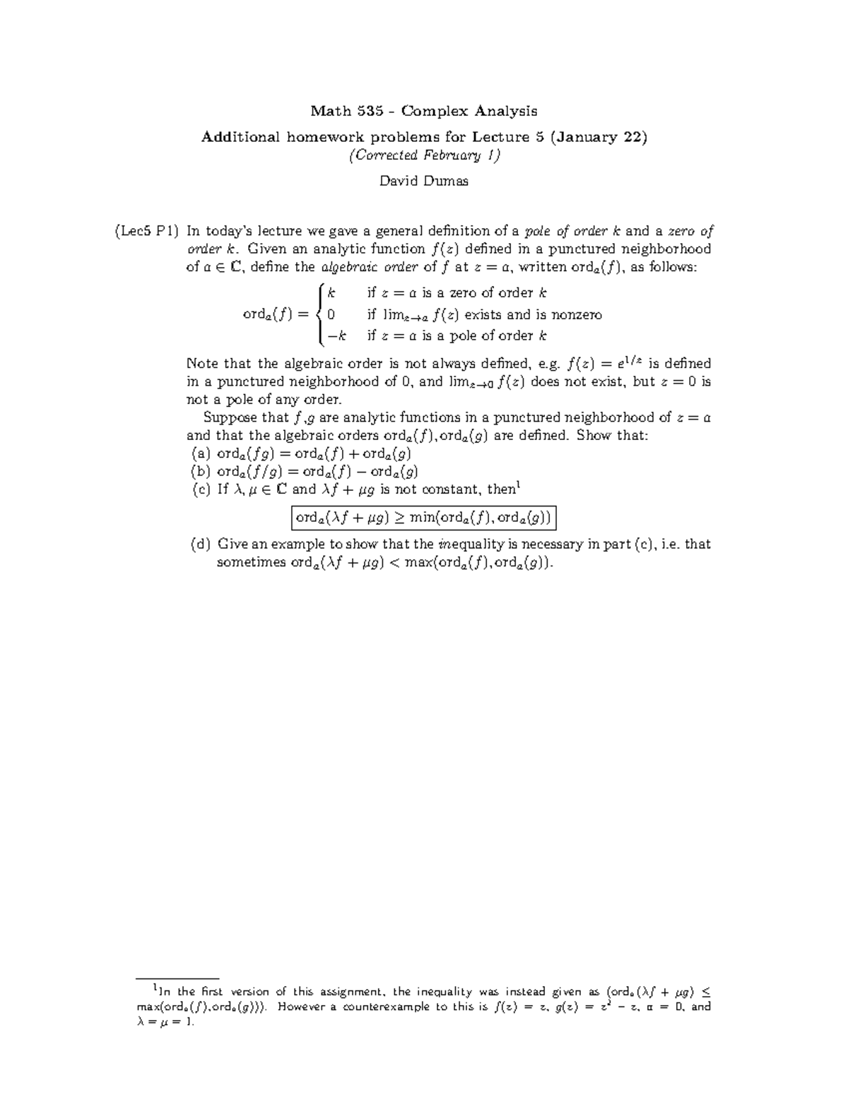 Math 535 - Complex Analysis HW lecture 5 - Math 535 Complex Analysis ...