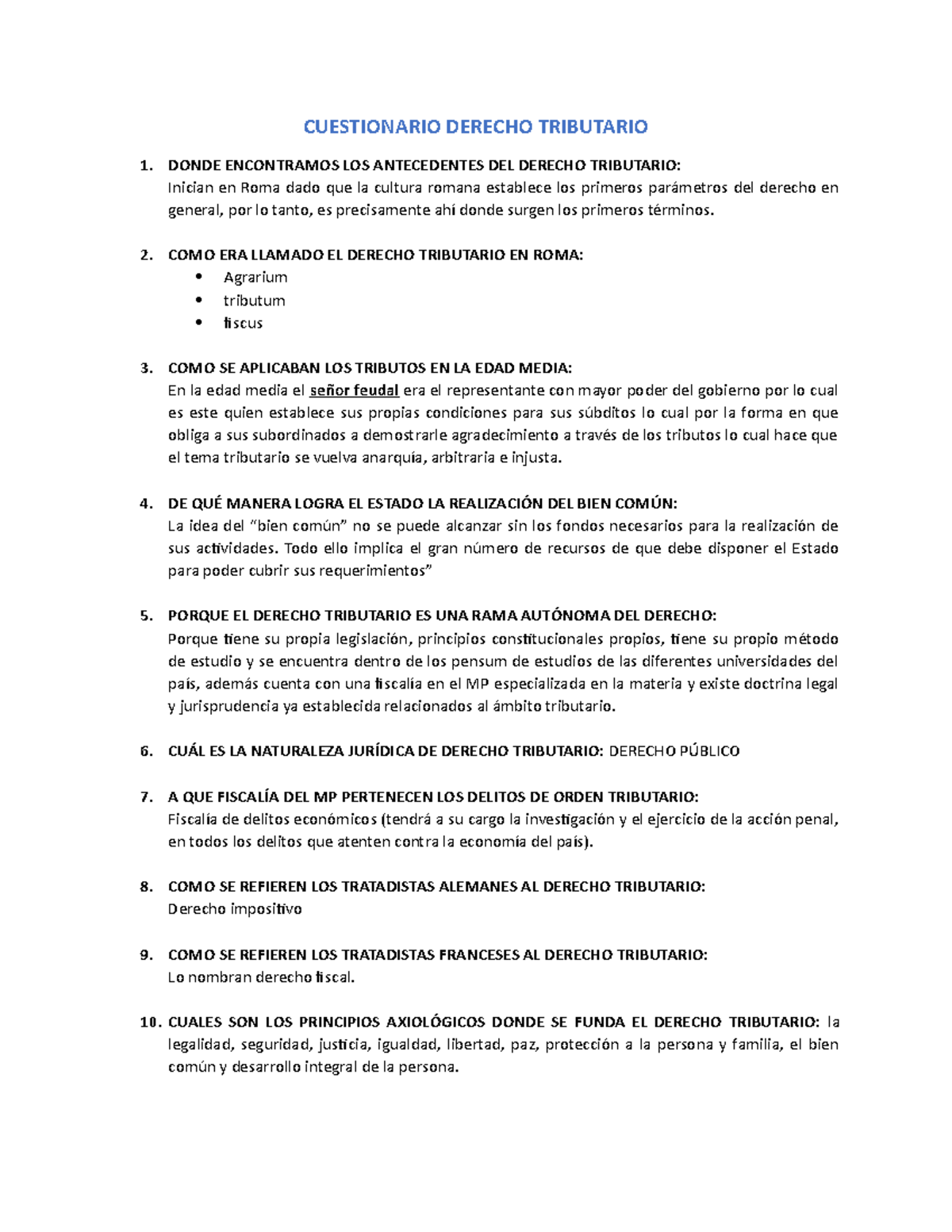 Cuestionario Derecho Tributario - CUESTIONARIO DERECHO TRIBUTARIO 1 ...