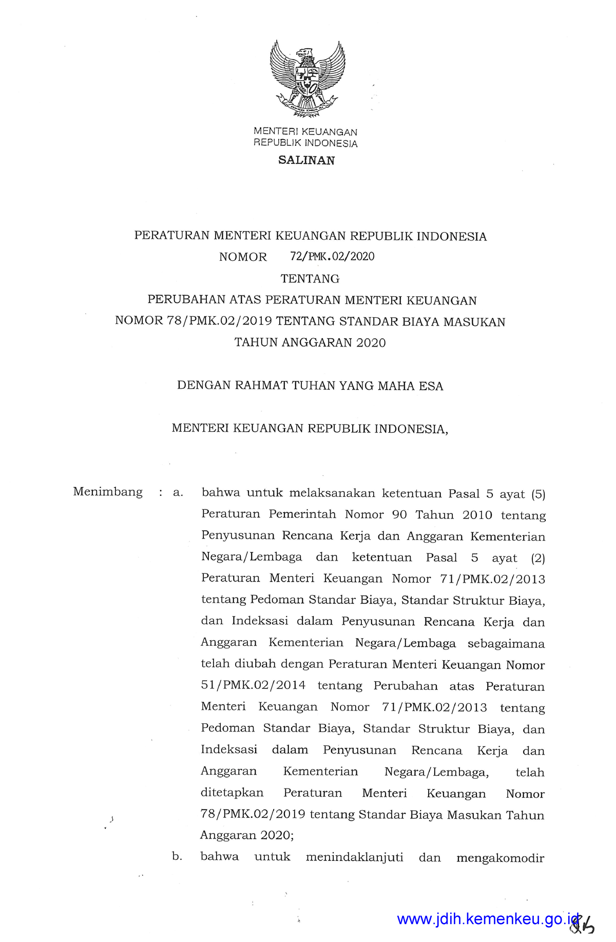 72 PMK - Peraturan Menteri Keuangan Mengenai Standar Biaya Masukan ...