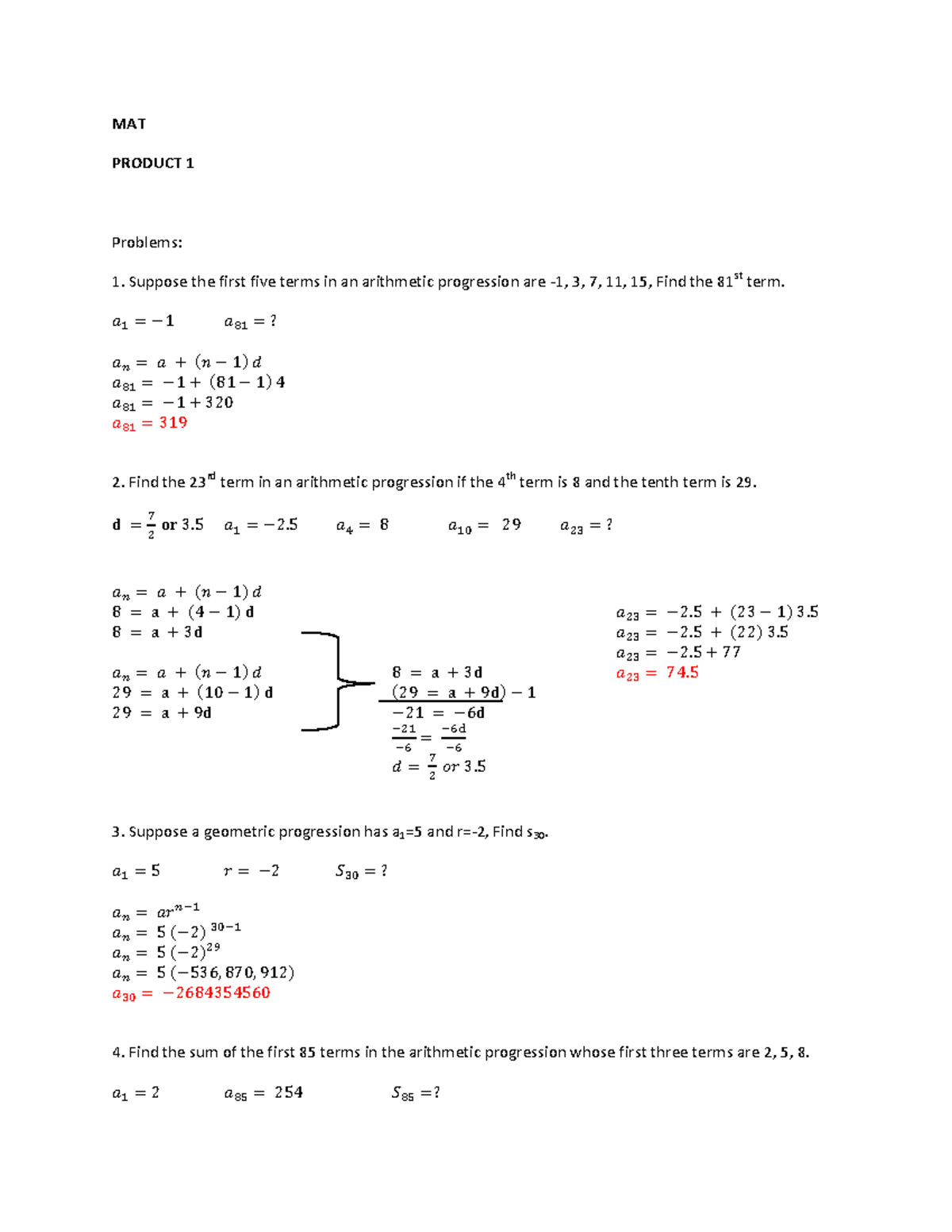 Product 1 - arithmetic - MAT PRODUCT 1 Problems: Suppose the first five ...