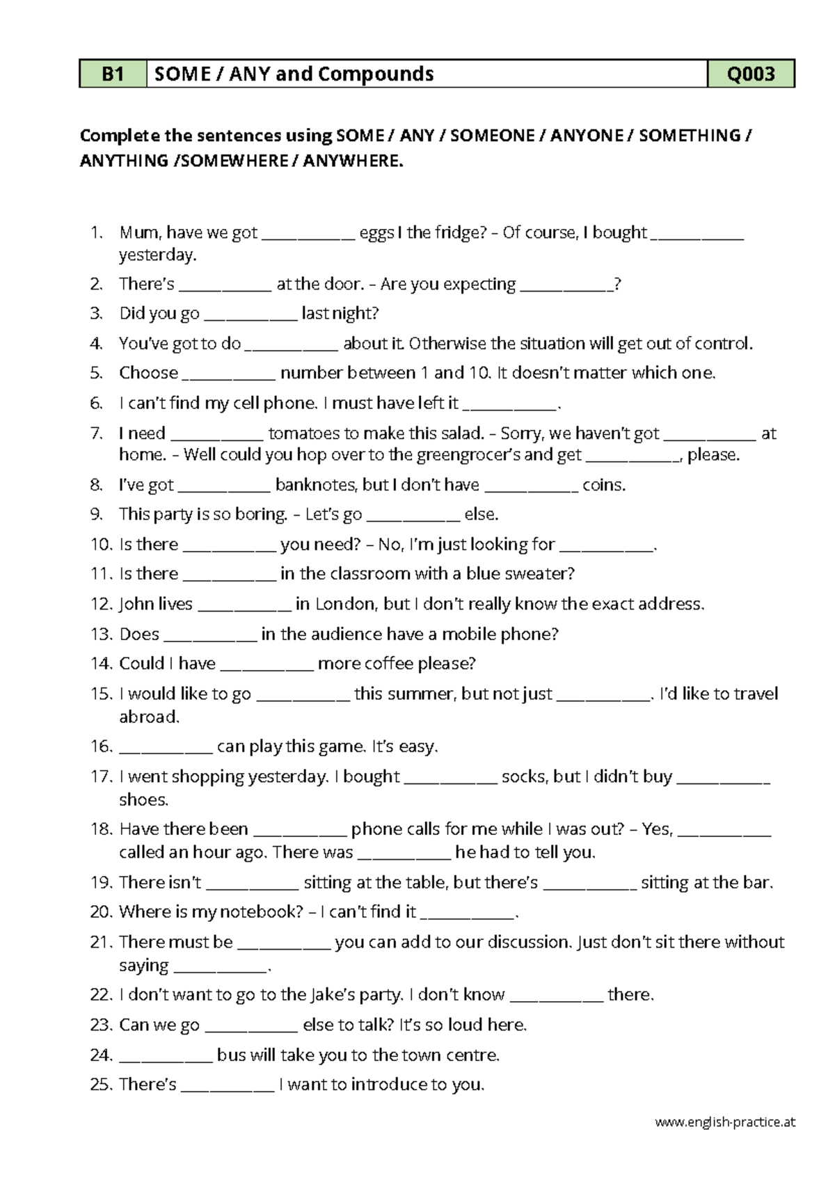 Quantifier worksheet - some, any, and compounds - english-practice B1 ...