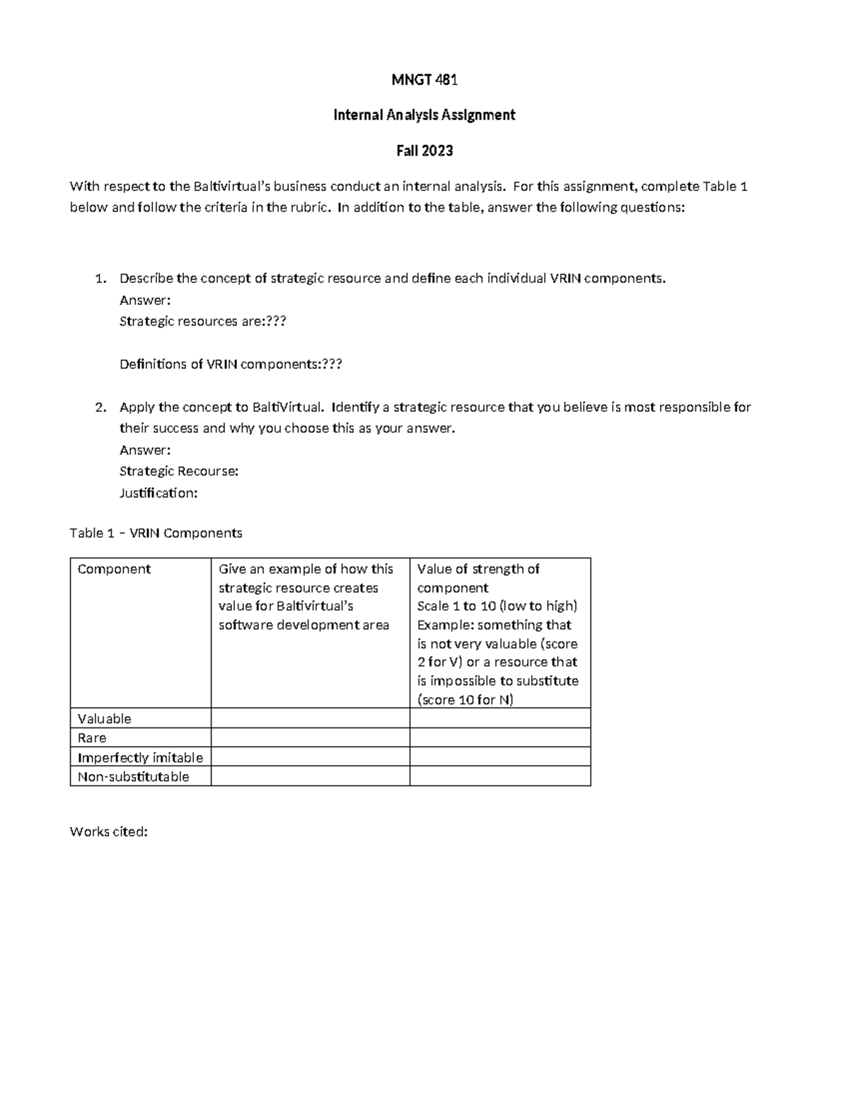 MNGT 481 Internal Assignment F23 - MNGT 481 Internal Analysis ...