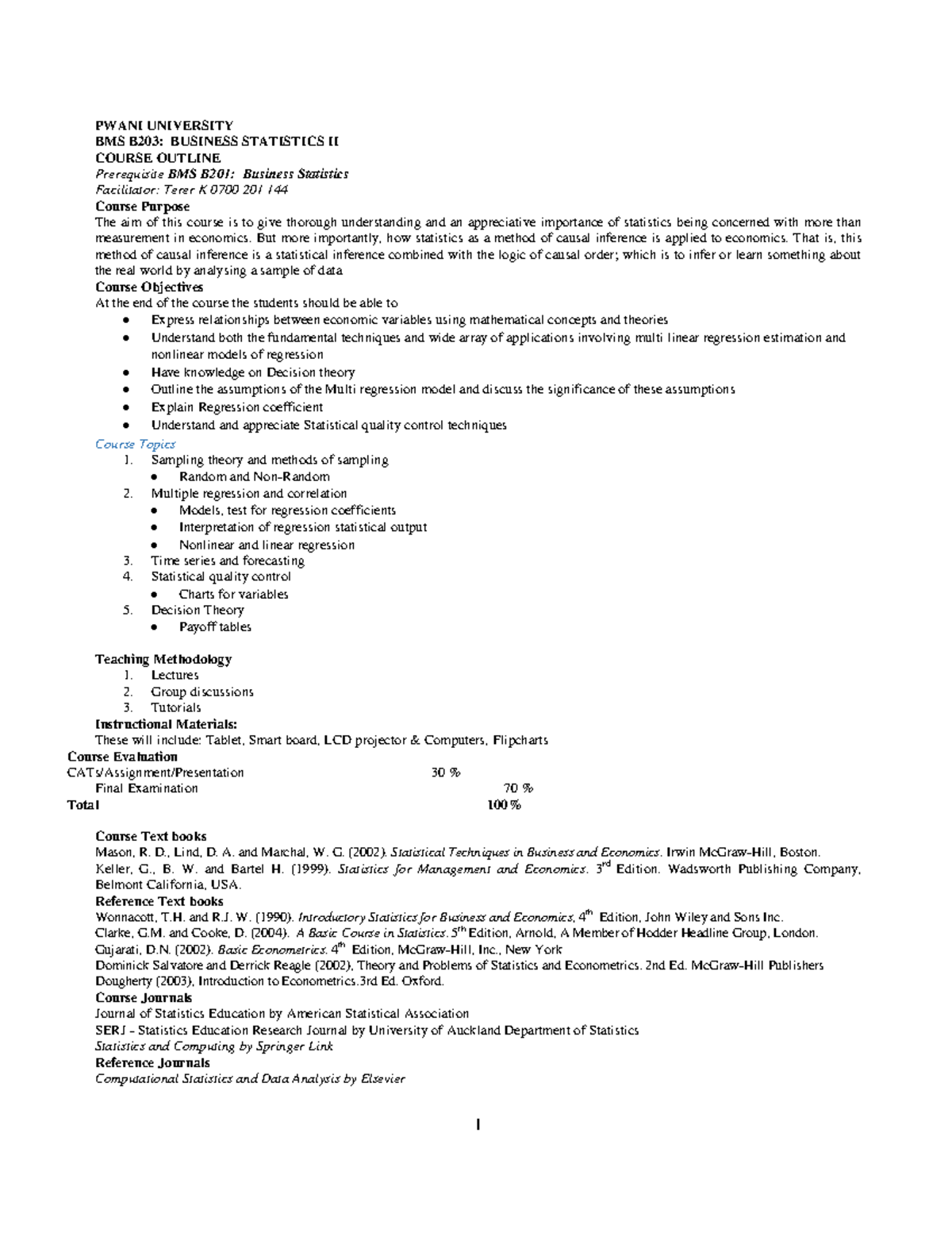 BMS B203 Business Statistics II Class Notes Terer E PWANI UNIVERSITY
