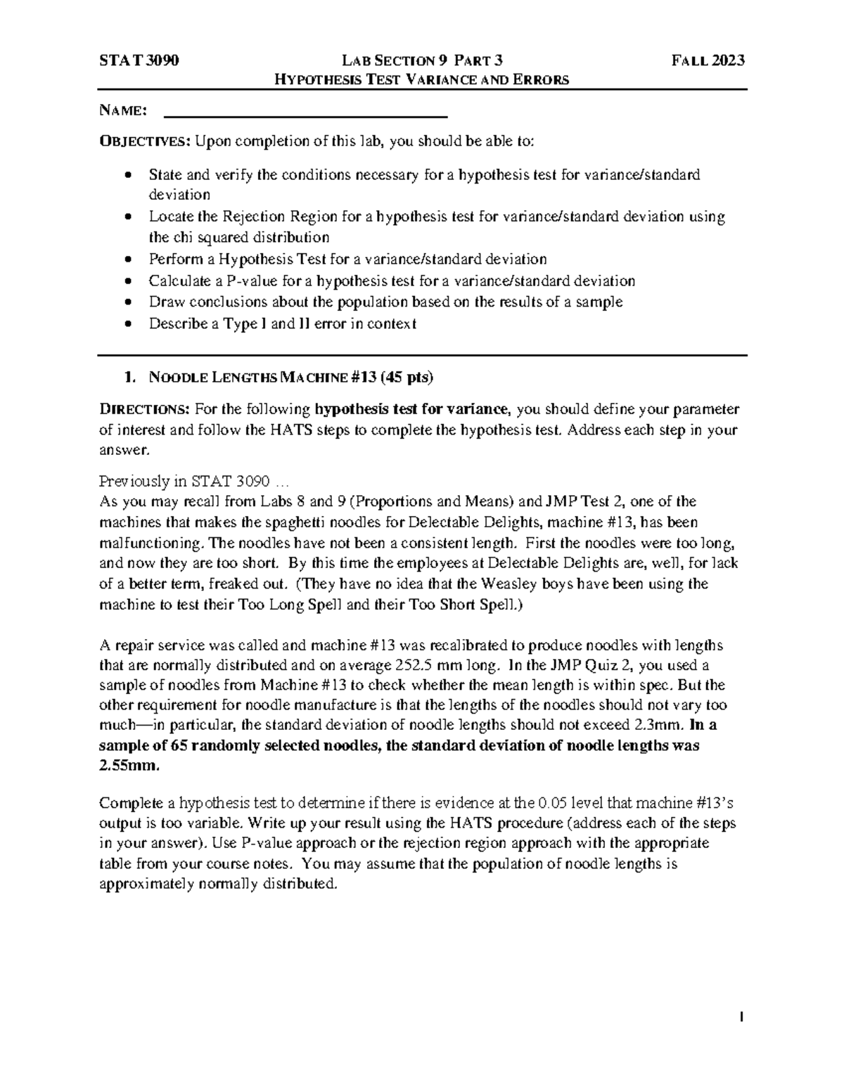 Lab Section 9 Part 3 Variance - STAT 3090 LAB SECTION 9 PART 3 FALL ...