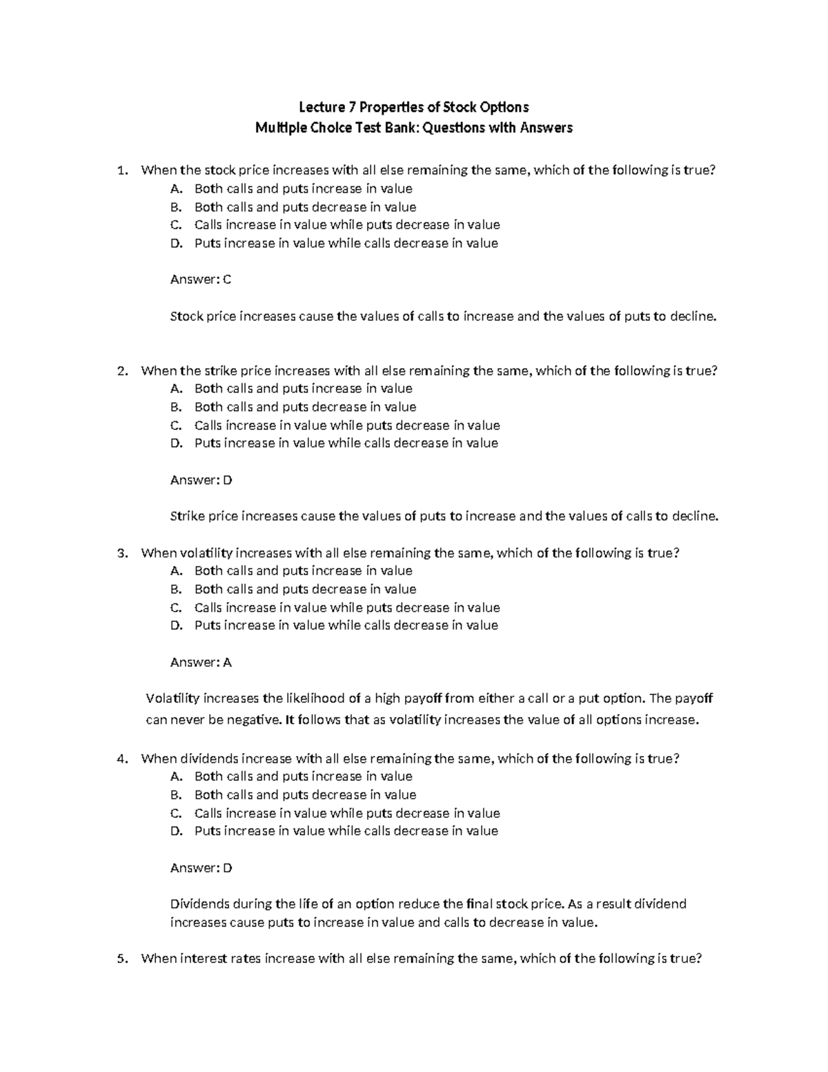 L7 Properties of Stock Options - Lecture 7 Properties of Stock Options ...