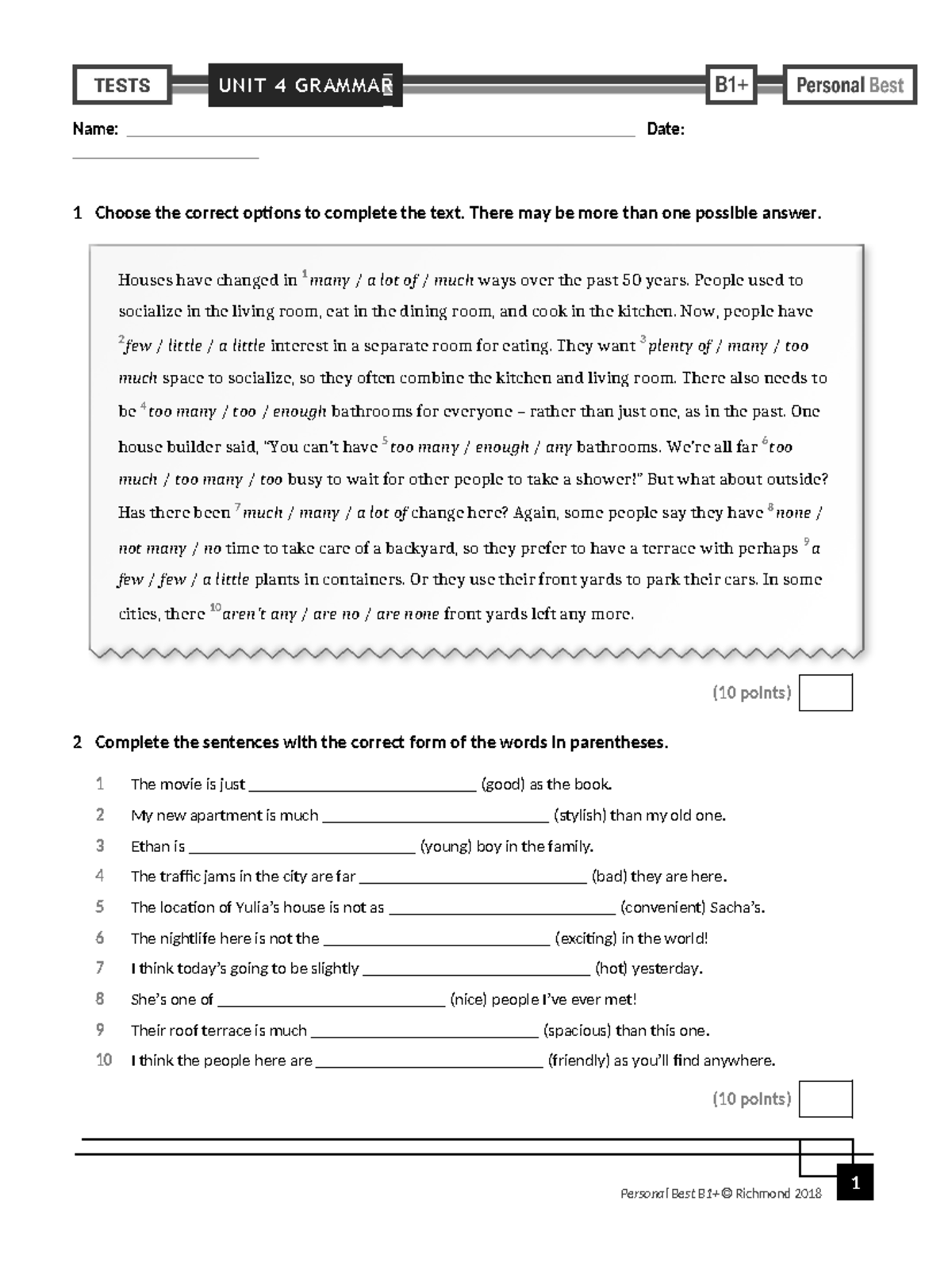 Personal Best B1+ Unit 4 Grammar test 1 Personal Best B1+ Richmond