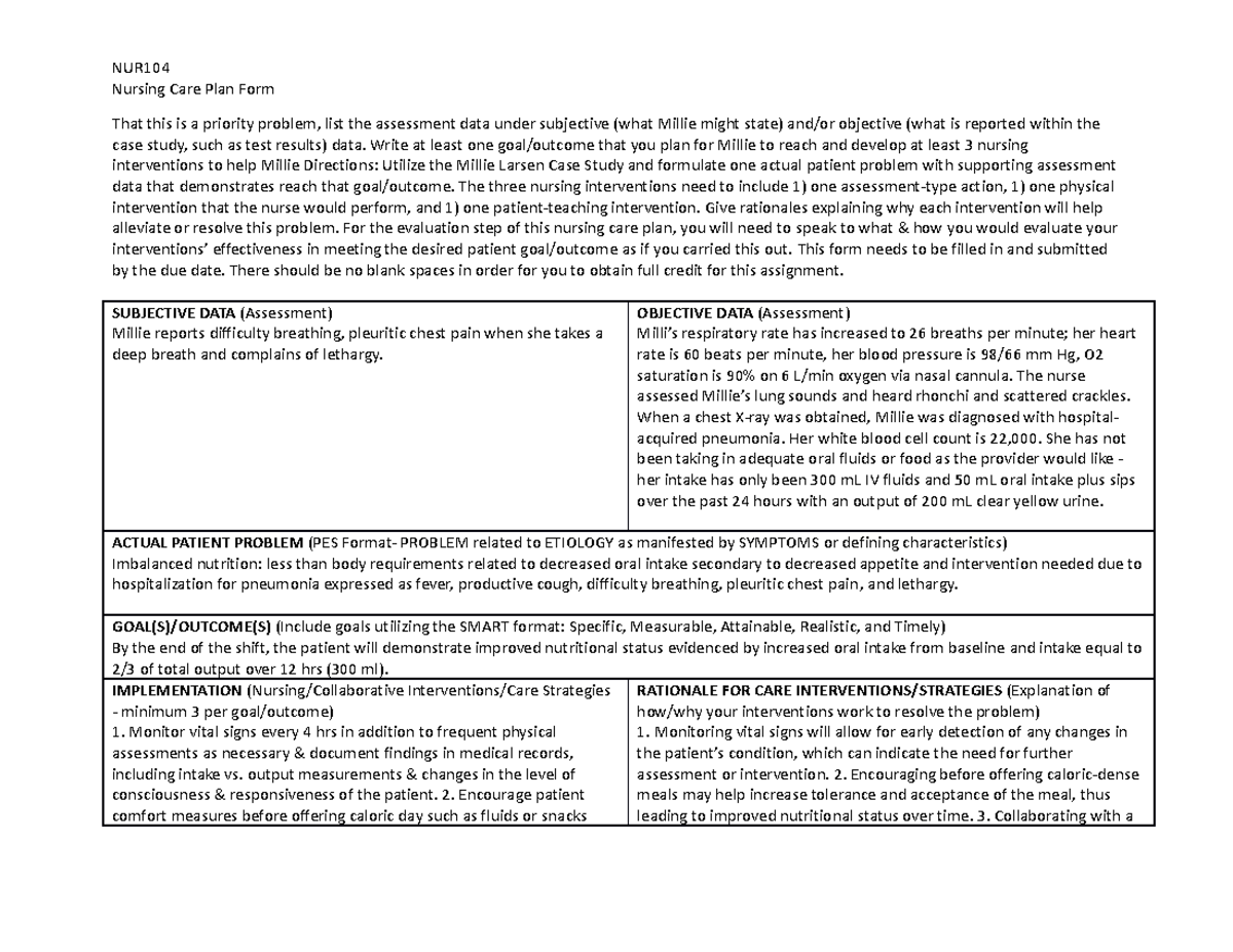 NUR104 Module 7 Nursing Plan Care Form Unlocked (2) - NUR Nursing Care ...