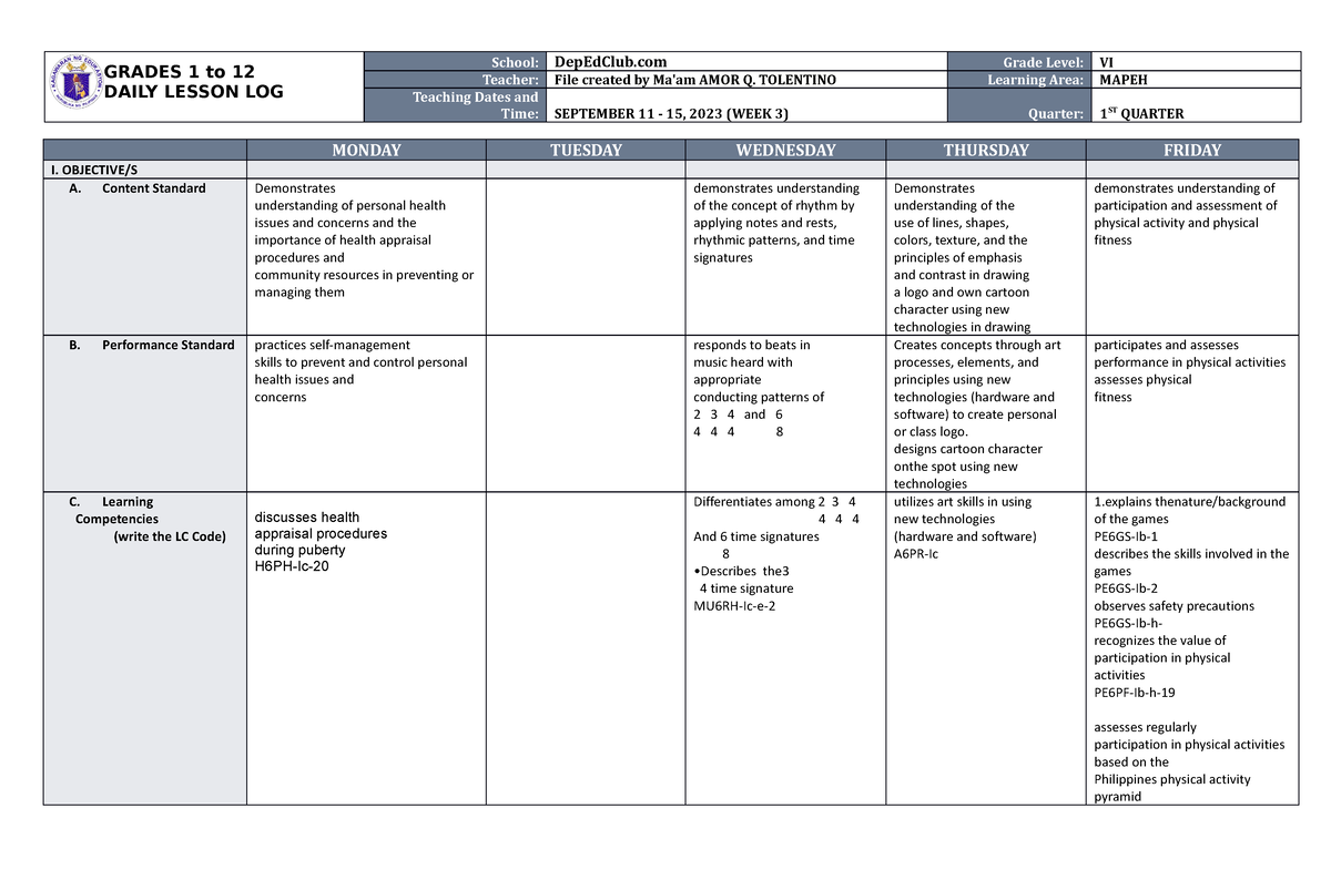 DLL Mapeh 6 Q1 W3 - DLl - GRADES 1 To 12 DAILY LESSON LOG School ...