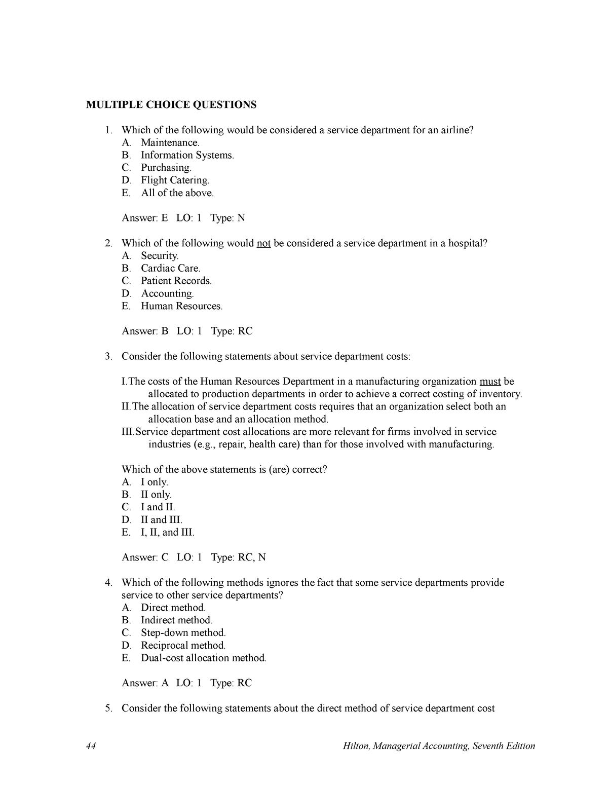 Cost allocation - Cost Accounting - MULTIPLE CHOICE QUESTIONS Which of ...