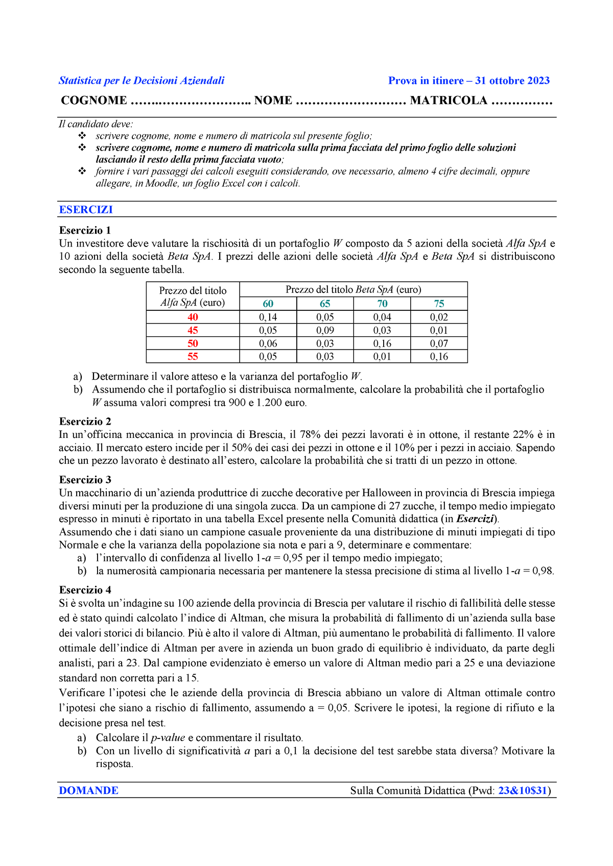 Prova In Itinere Parziale Statistica Per Le Decisioni