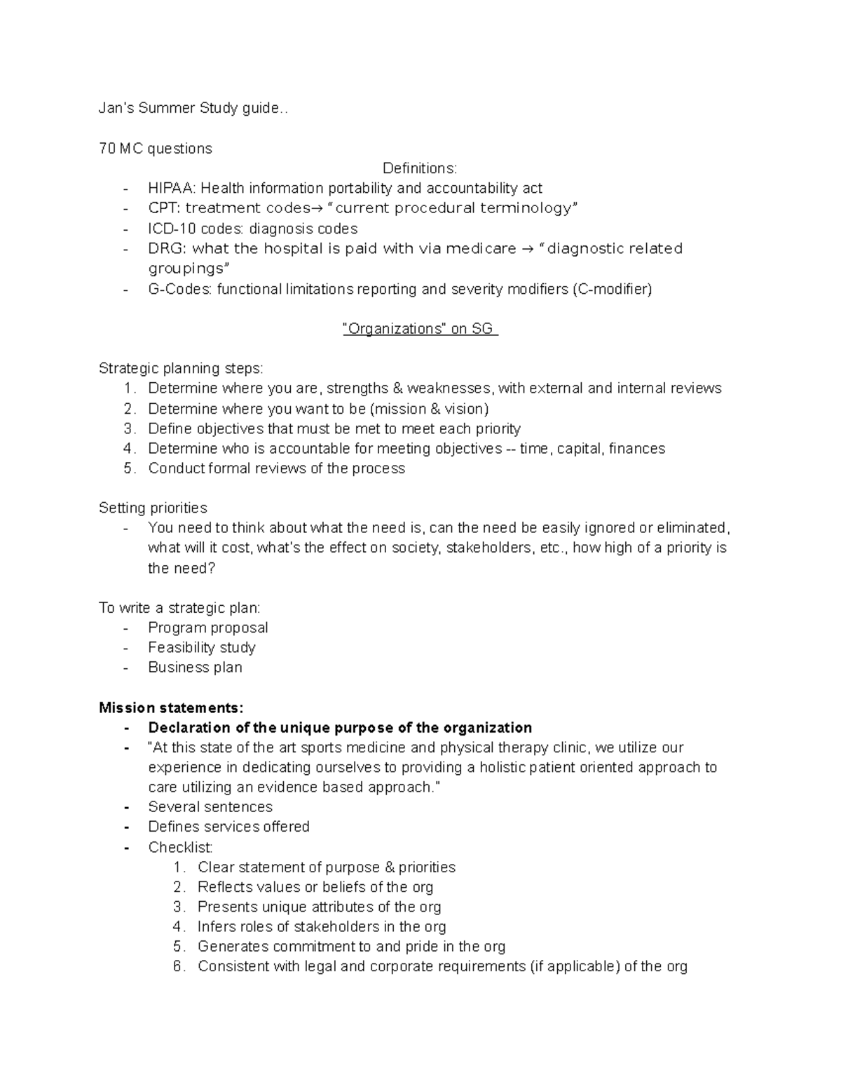 Jan’s Summer Studyguide - . 70 MC questions Definitions: HIPAA: Health ...
