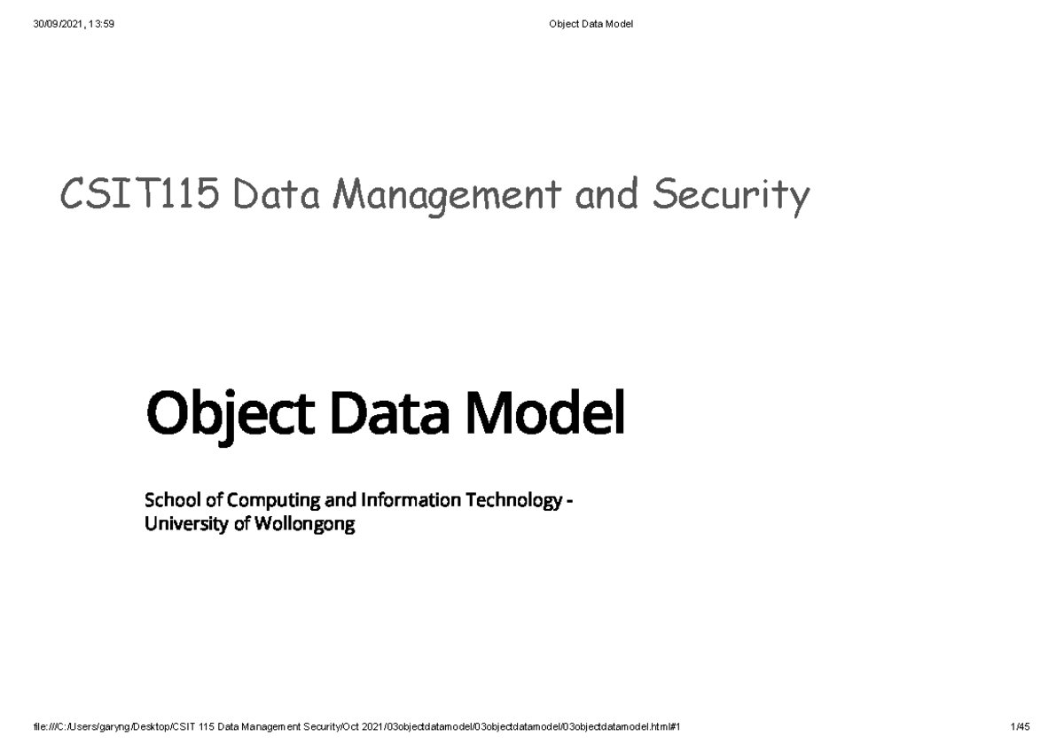 3 Object Data Model - leture notes - CSIT115 Data Management and ...