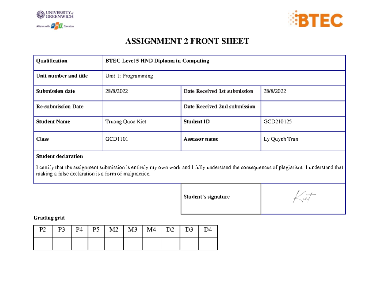 PROG1618 - Assignment - ASSIGNMENT 2 FRONT SHEET Qualification BTEC ...