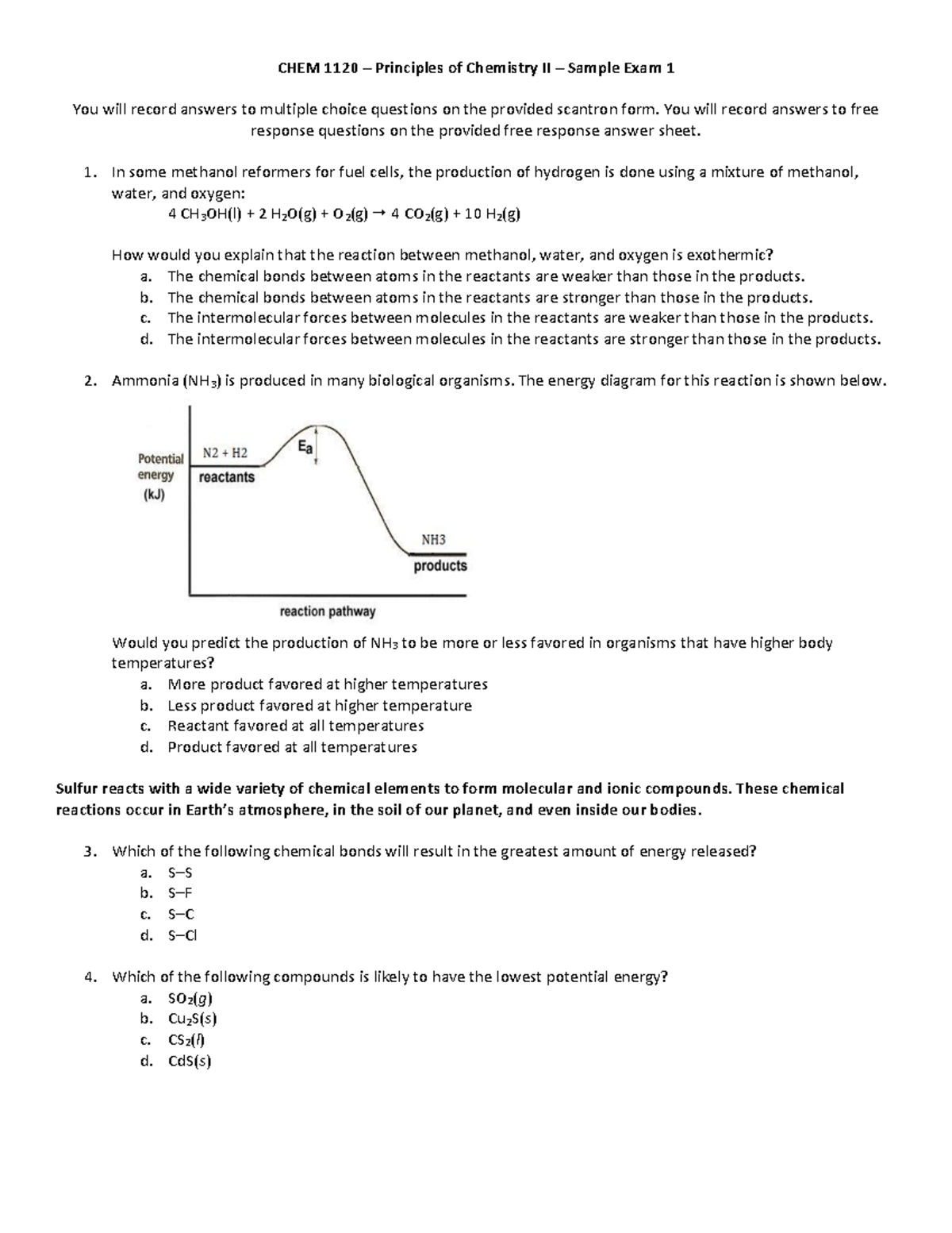 CHEM 1120 Sample Exam 1 - Mhhhhhhhhhhhhh - CHEM 1120 ñ Principles Of ...