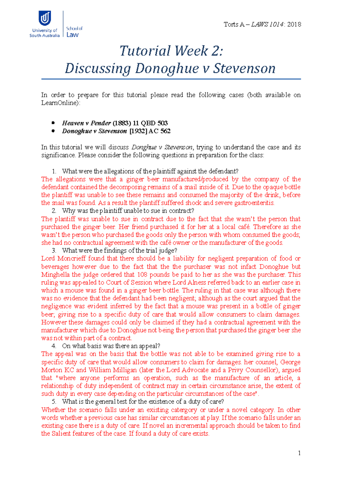 Tutorial Week 2 - Donoghue v Stevenson - LAWS 1015 - UniSA - Studocu