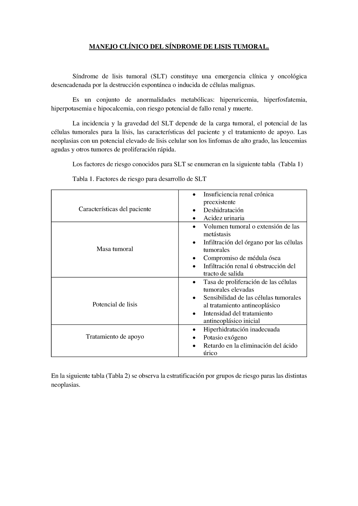 GUÍA PARA EL Manejo CLÍNICO DEL SÍ Ndrome DE Lisis Tumoral - MANEJO ...