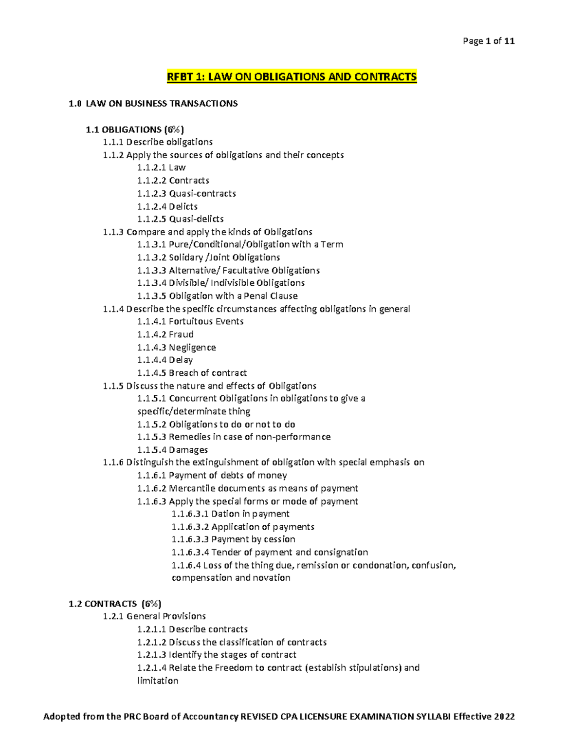 RFBT 2020 Syllabus - RFBT 1: LAW ON OBLIGATIONS AND CONTRACTS 1 LAW ON ...