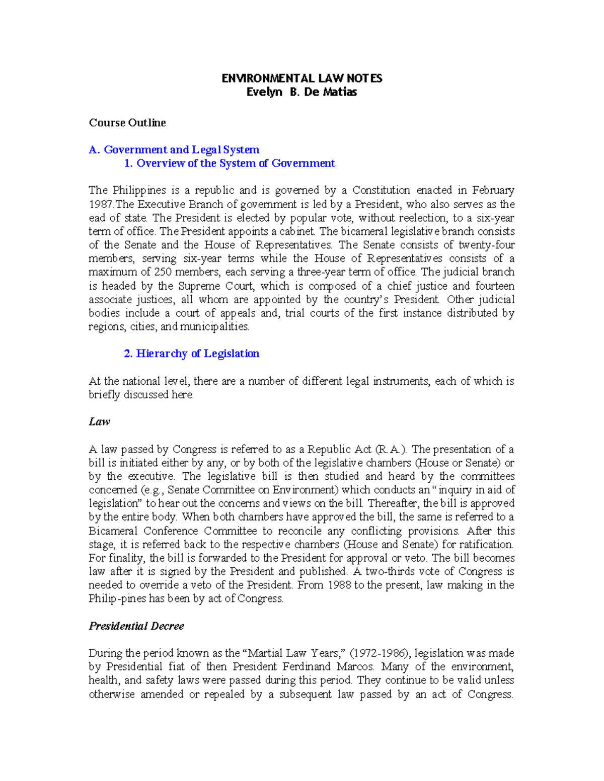 Environmental LAW Notes doc - ENVIRONMENTAL LAW NOTES Evelyn B. De ...