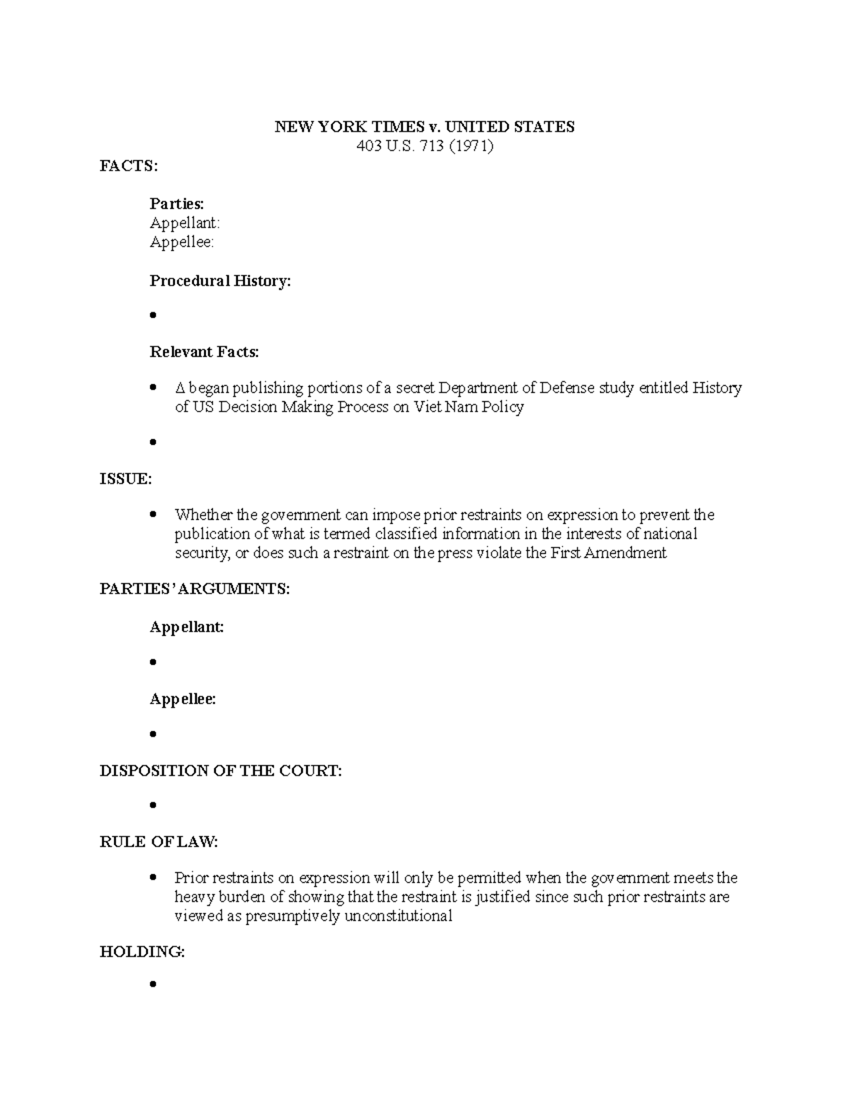 New York Times v. United States NEW YORK TIMES v. UNITED STATES 403 U