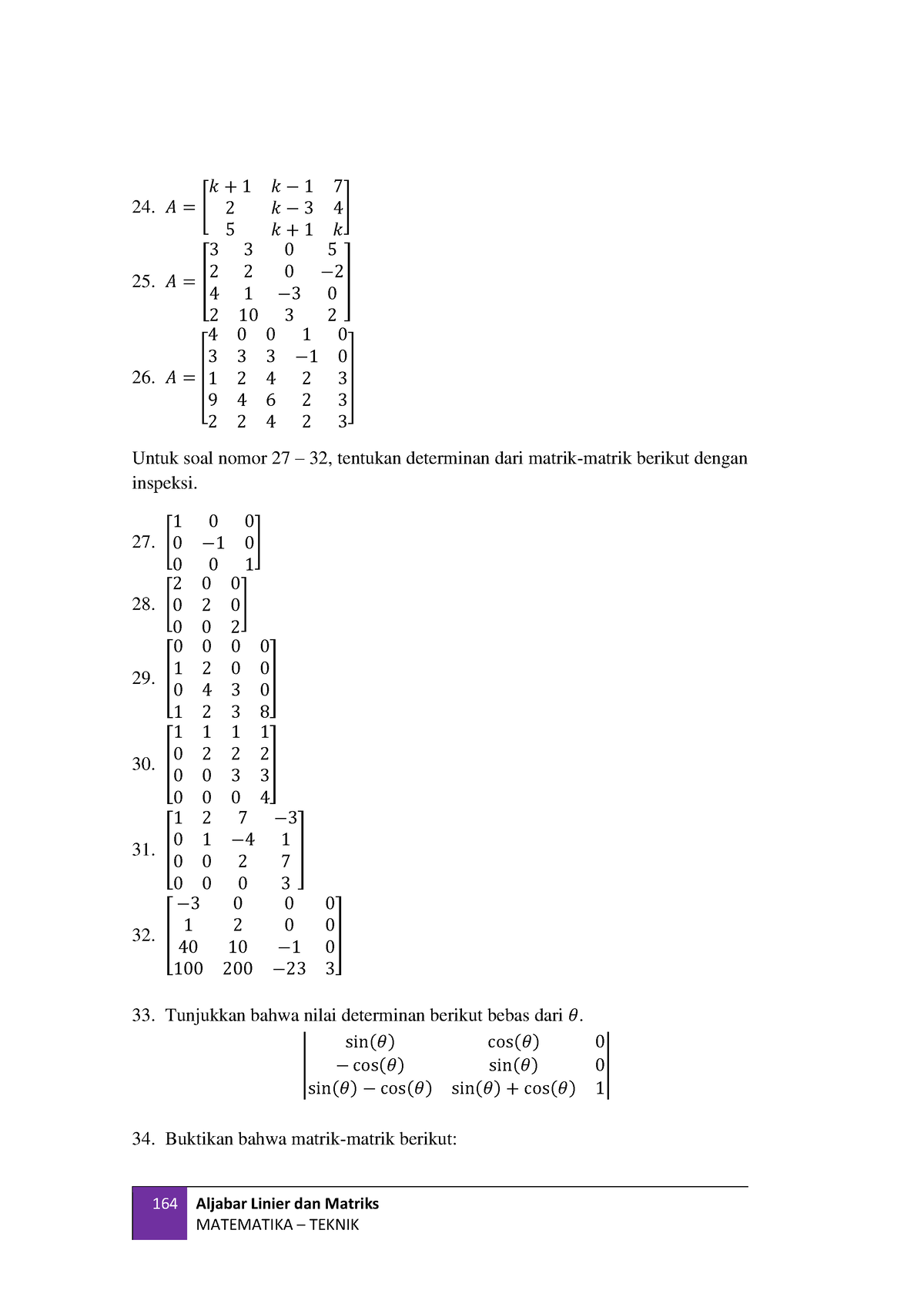 4 - Tugas - 164 Aljabar Linier Dan Matriks MATEMATIKA – TEKNIK 24. 𝐴 ...