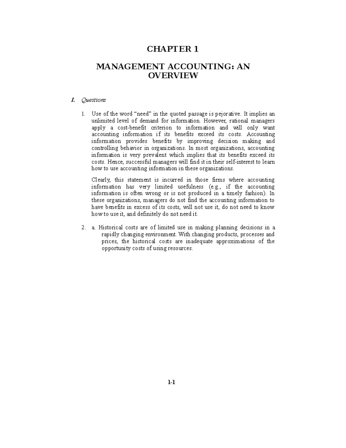 Chapter 1 Management Accounting Chapter 1 Management Accounting An Overview I Questions Use 3735