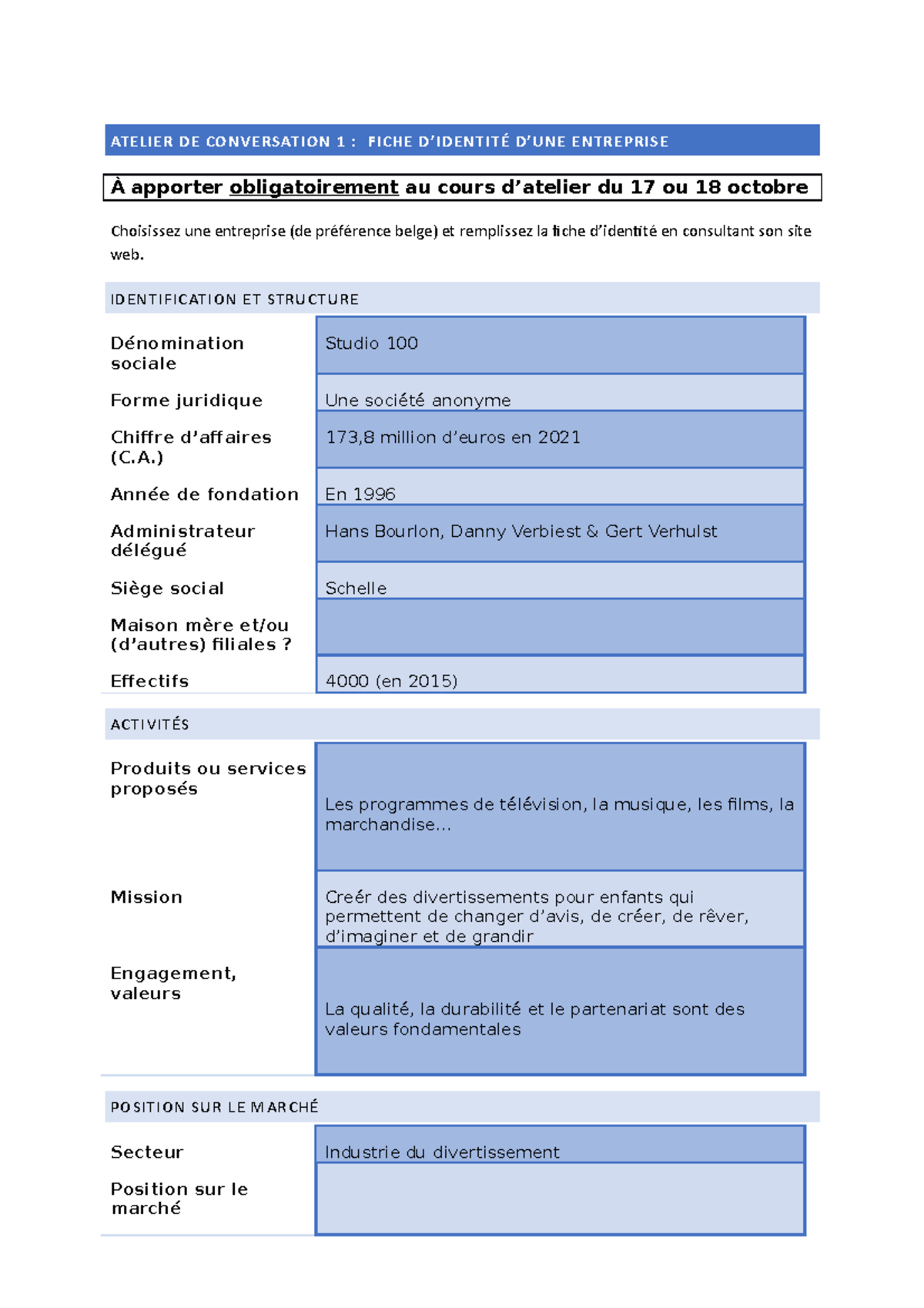 Fiche D'identité D'une Entreprise - ATELIER DE CONVERSATION 1 : FICHE D ...