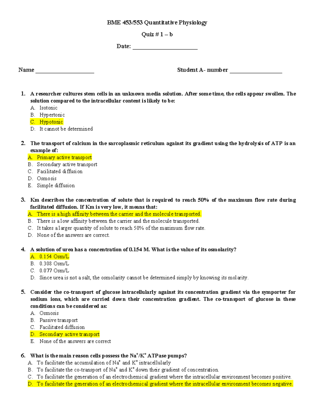 Quiz 1b Solutions - BME 453/553 Quantitative Physiology Quiz # 1 – B ...