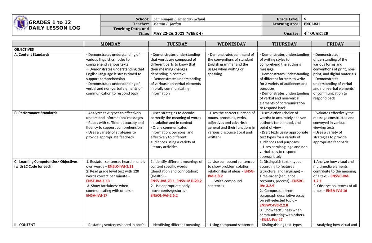 Grade 5 DLL English 5 Q4 Week 4 - GRADES 1 to 12 DAILY LESSON LOG ...