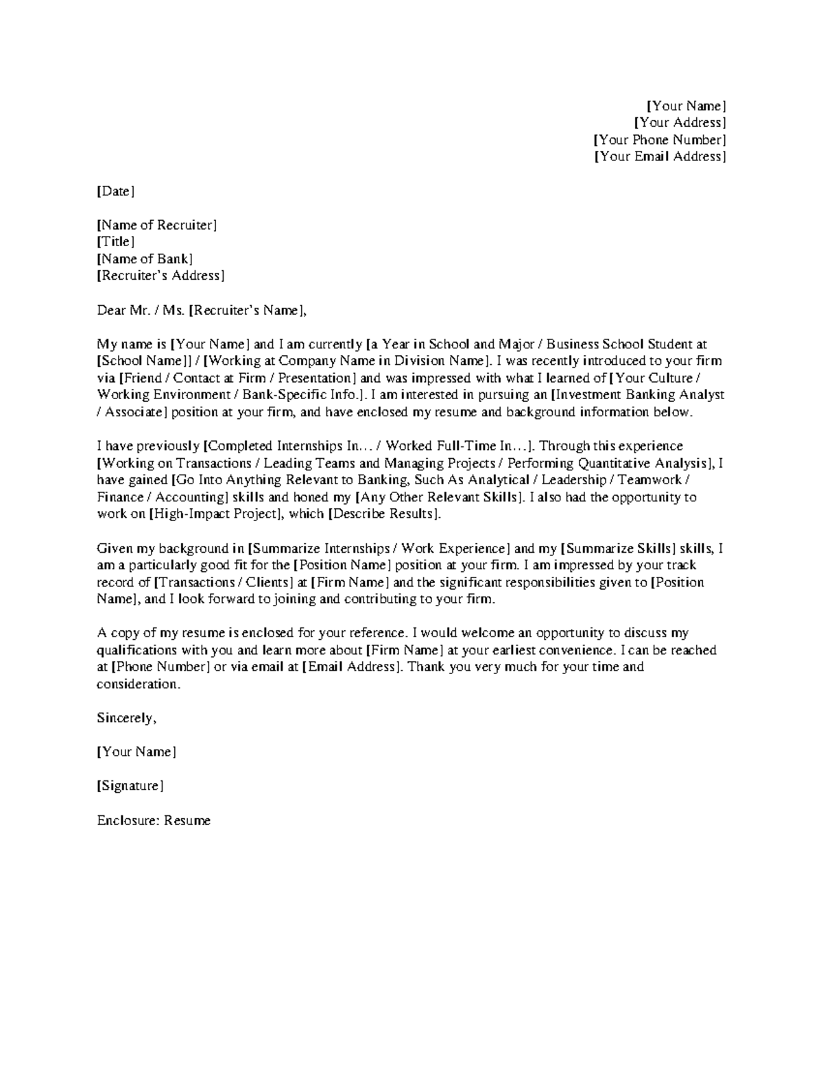 Investment Banking Cover Letter Template - [Your Name] [Your Address ...