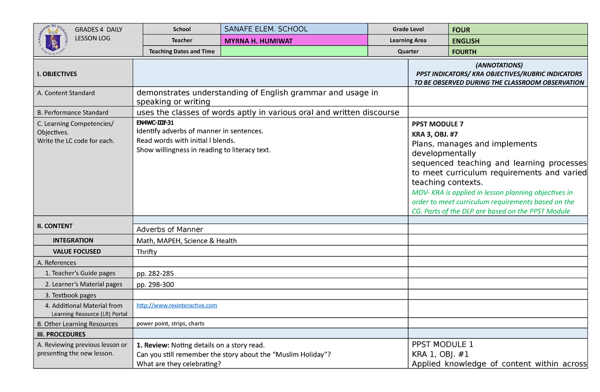 25421256 - lesson plan - GRADES 4 DAILY LESSON LOG School SANAFE ELEM ...