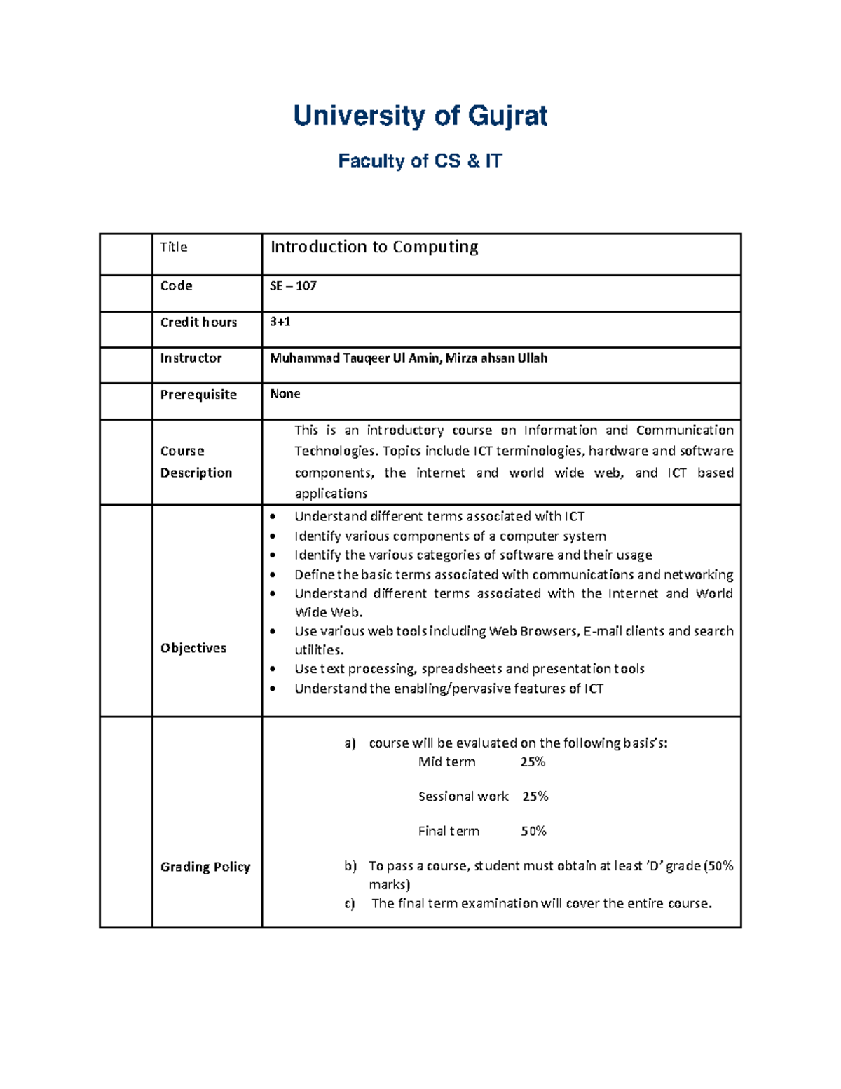 Intro to Computing - Lecture notes 10 - University of Gujrat Faculty of ...
