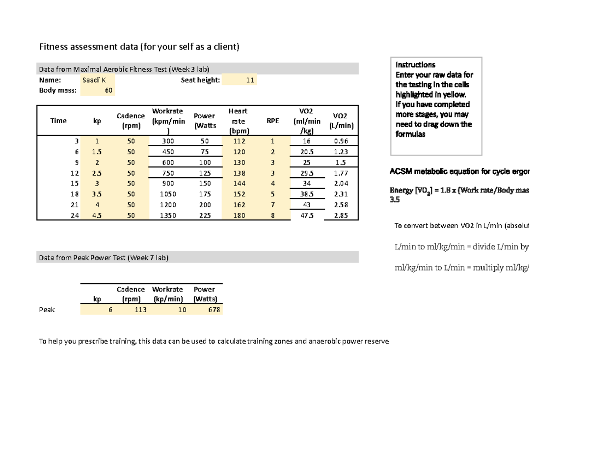 Fitness data for week5 - Fitness assessment data (for your self as a ...