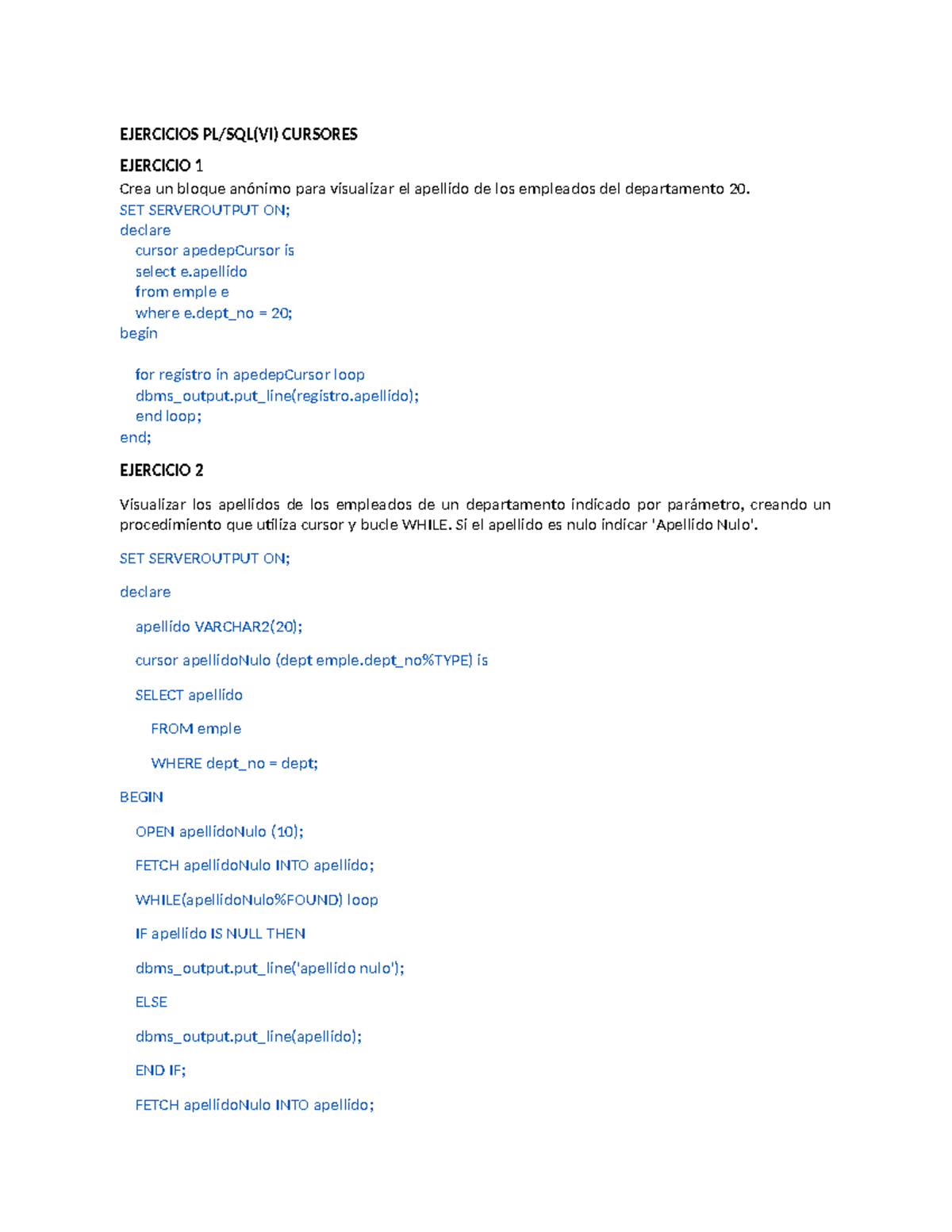 Ejercicios Plsql Cursores (VI) - EJERCICIOS PL/SQL(VI) CURSORES ...