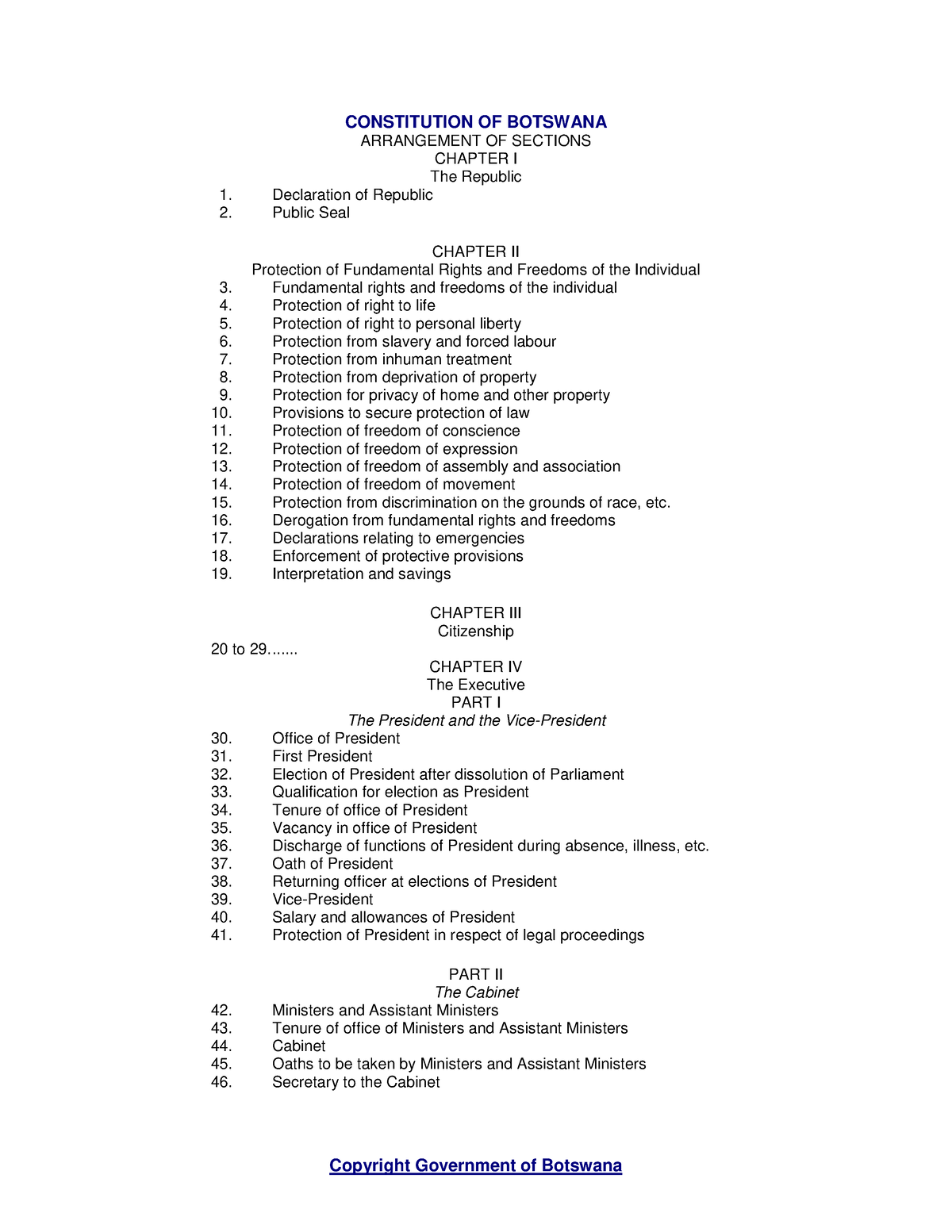 The Constitution of Botswana CONSTITUTION OF BOTSWANA ARRANGEMENT OF