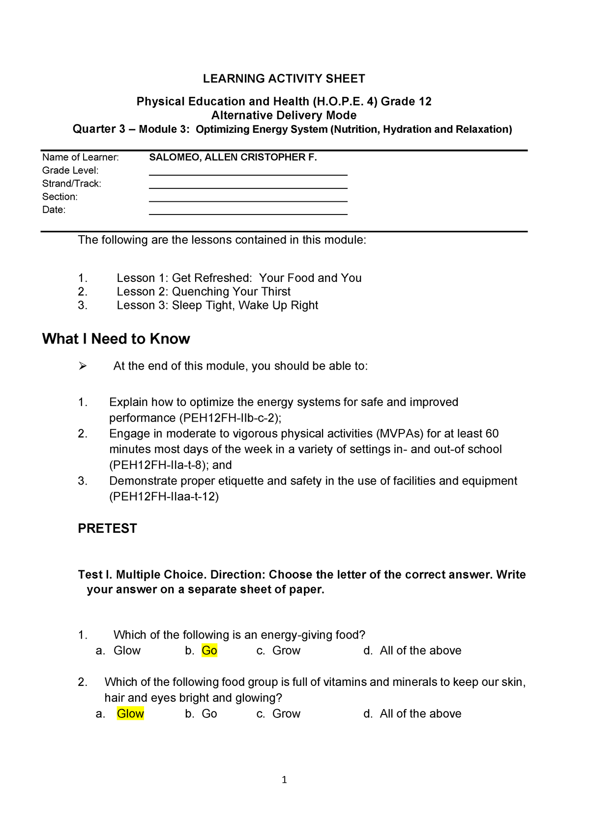 HOPE 4 LAS Q3-W6-W8 - hope it helps - 1 ####### LEARNING ACTIVITY SHEET ...