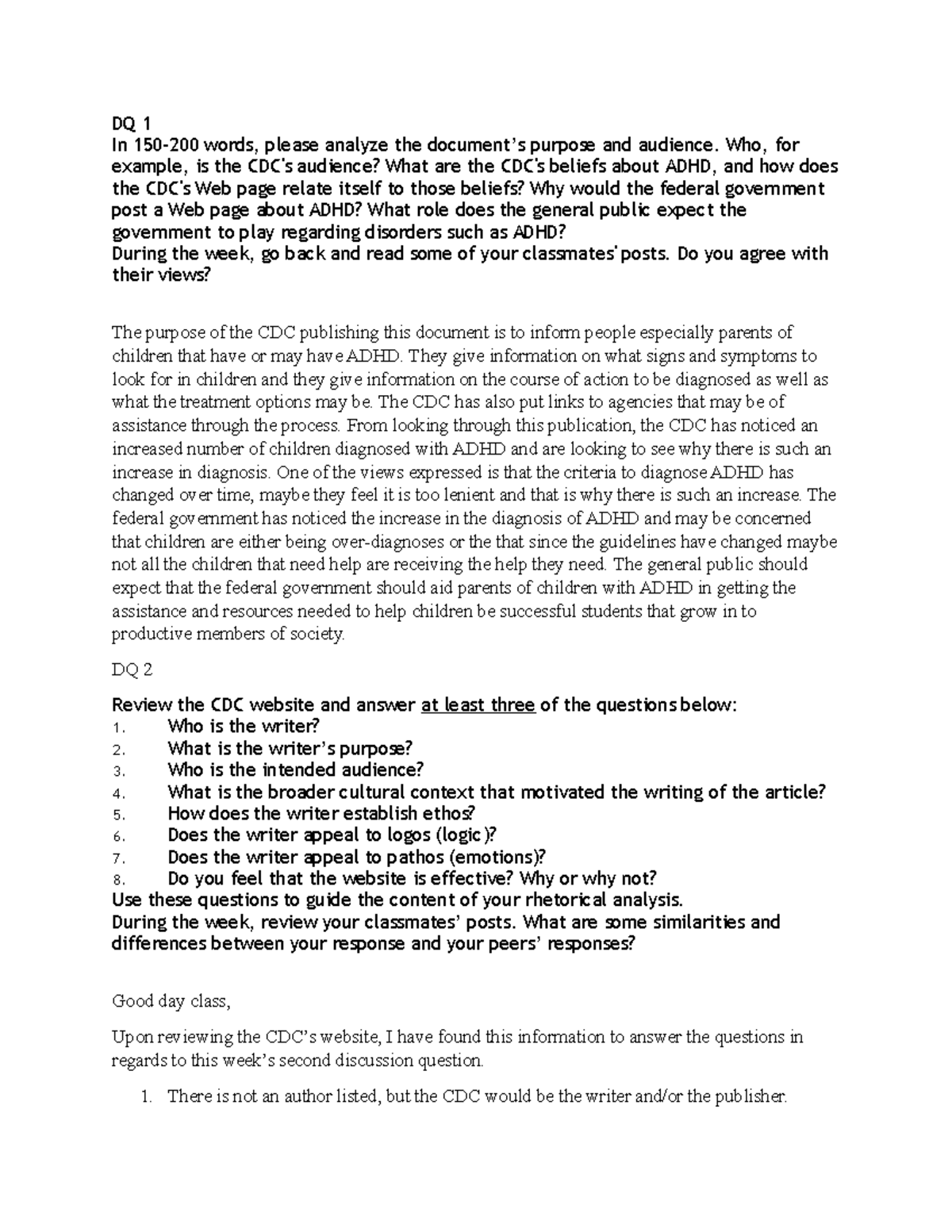 DQ week 2 - Discussion questions 1 and 2 for week 2. - DQ 1 In 150-200 ...