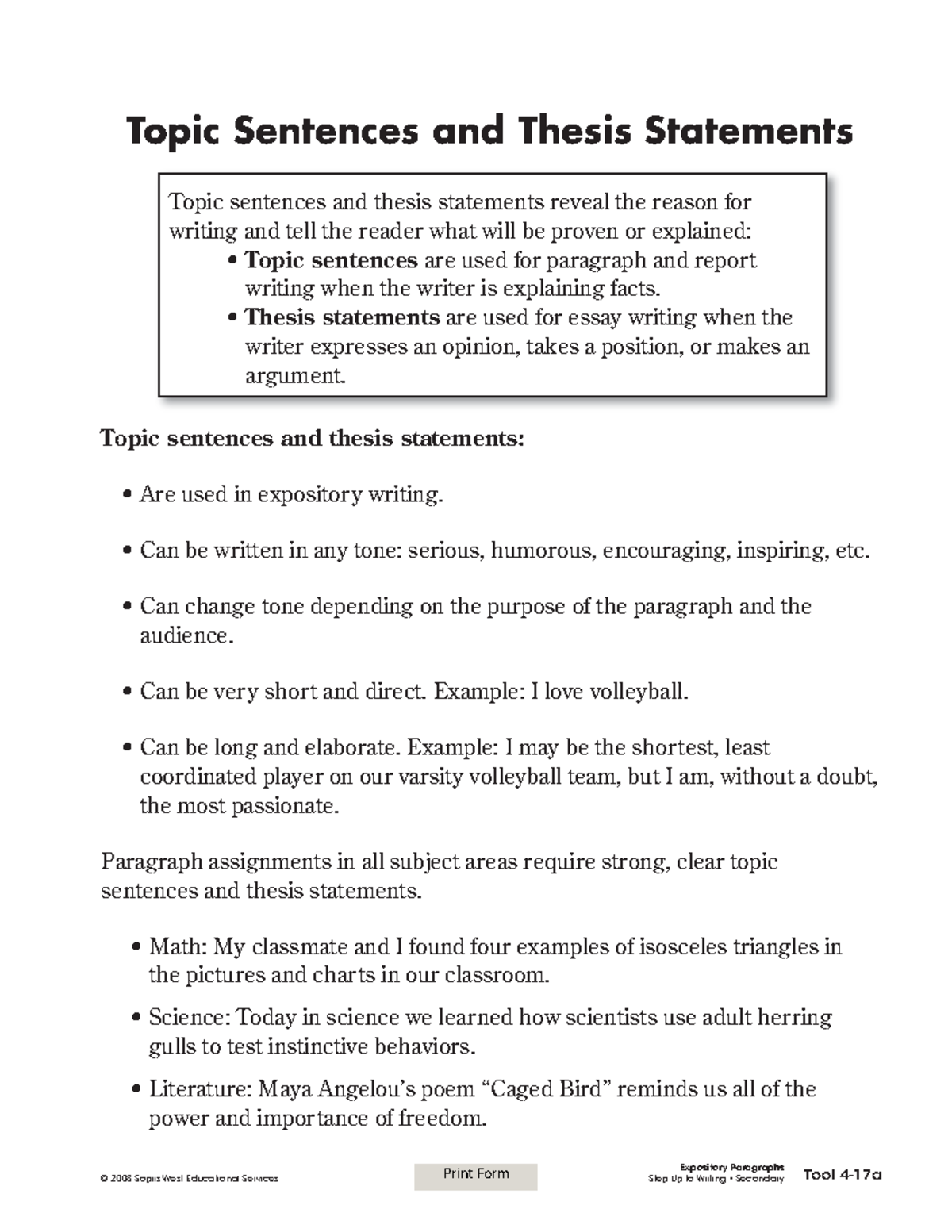 Topic Sentences - fdsfsdfs - © 2008 Sopris West Educational Services ...