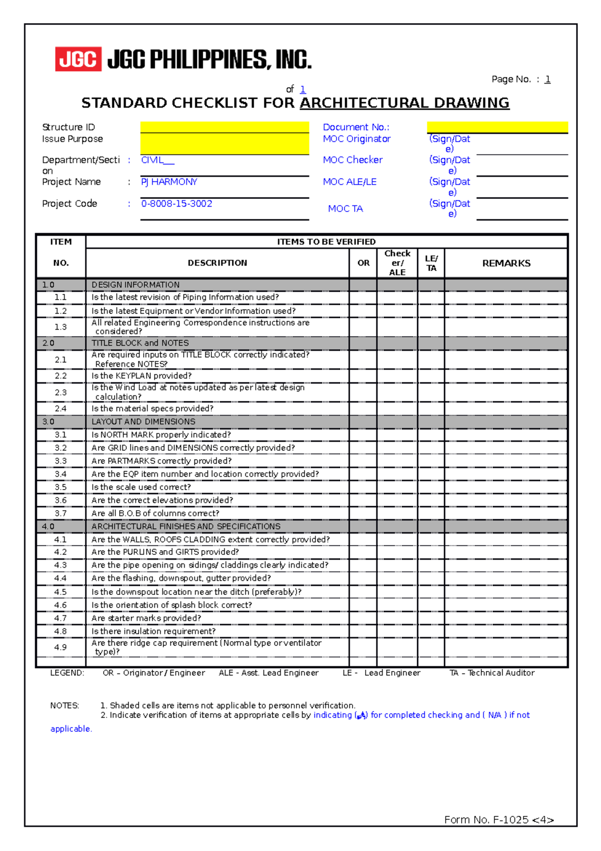 PJH Std Checklist Architectural Drawing R0 - Page No. : 1 of 1 STANDARD ...