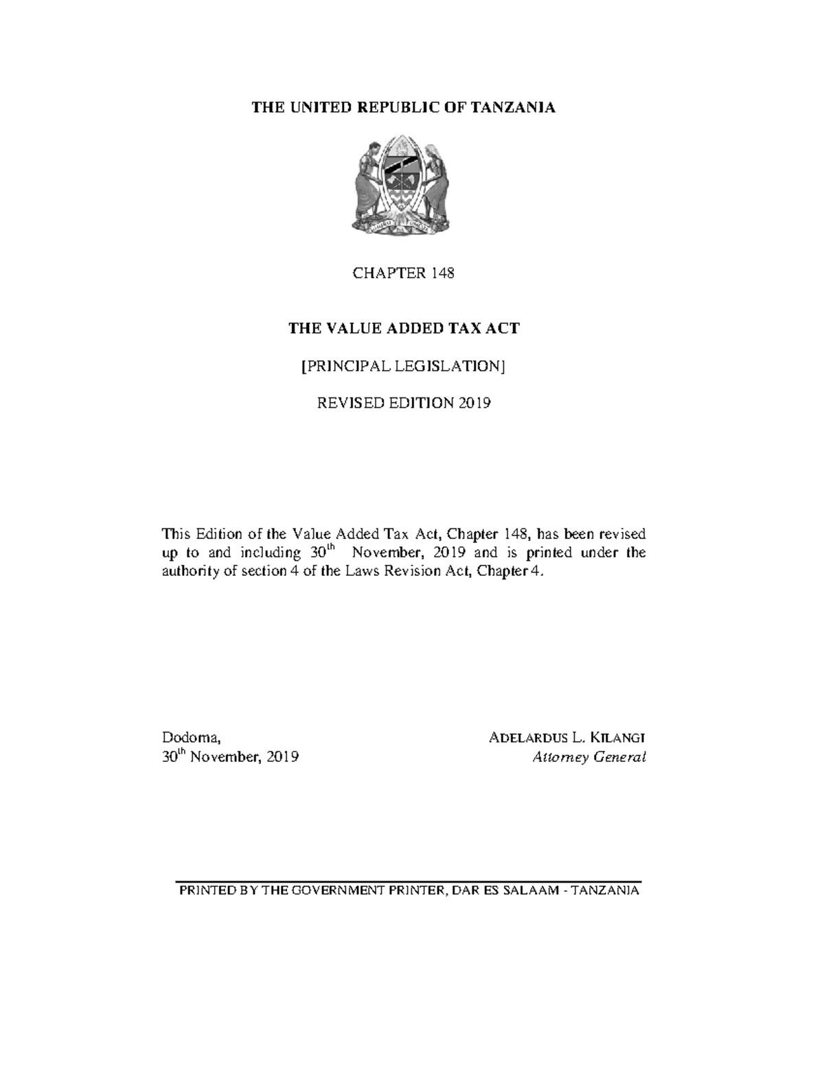 Chapter 148THE Value Added TAX ACT1 THE UNITED REPUBLIC OF TANZANIA