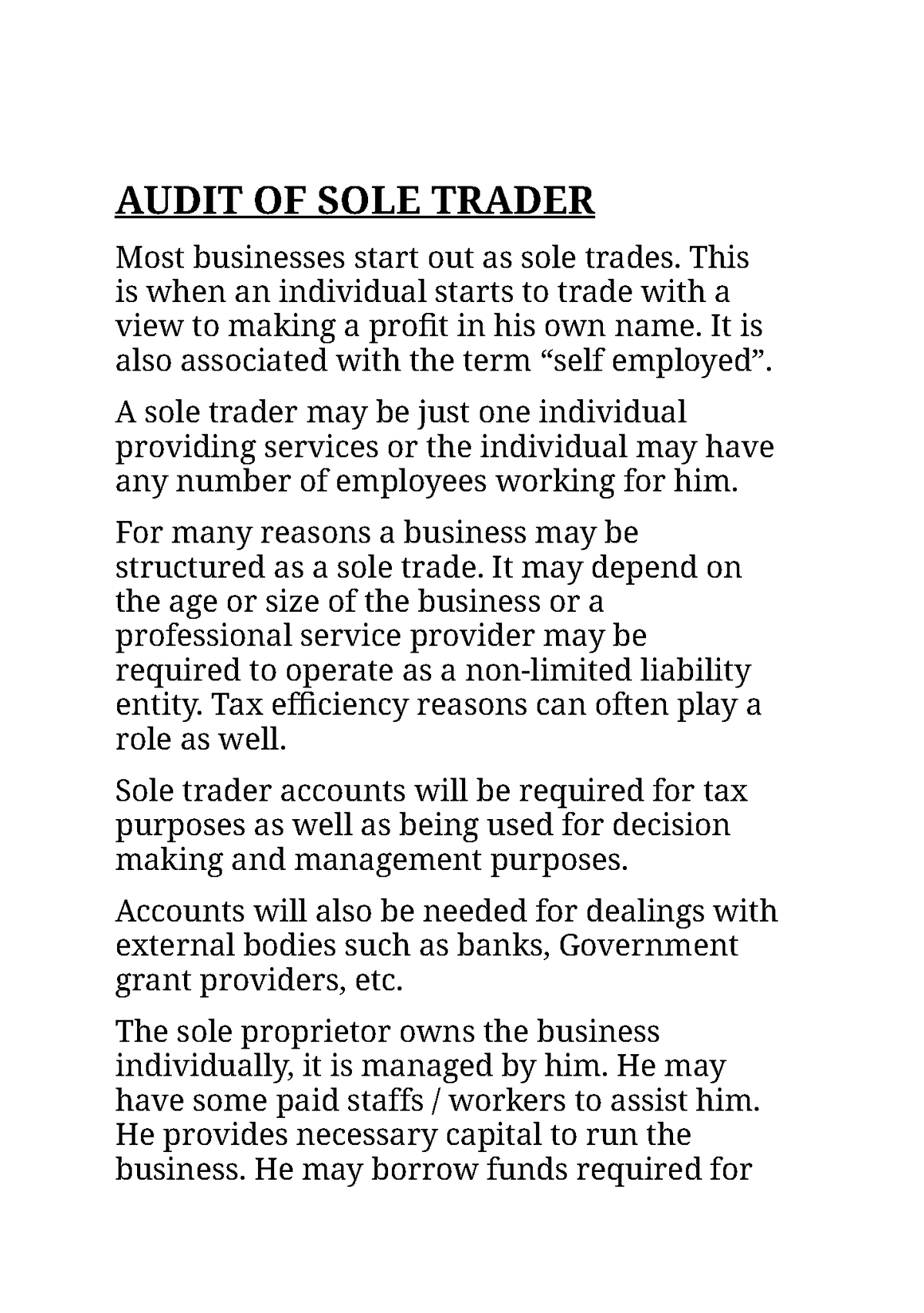 Audit Of Sole Trader Financial Accounting Audit Of Sole Trader Most Businesses Start Out As 7635