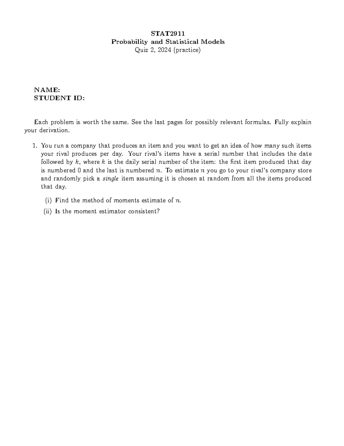 Sample quiz 2 24 stat probability and statistical models quiz 2 2024