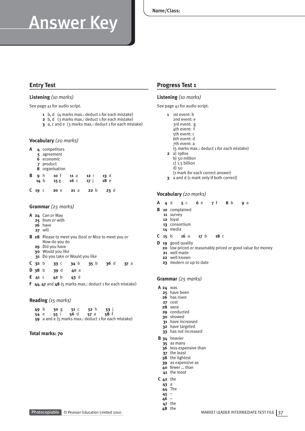 499711501 Market Leader Intermediate Answer keys - Entry Test Listening (10  marks) See page 41 for - Studocu