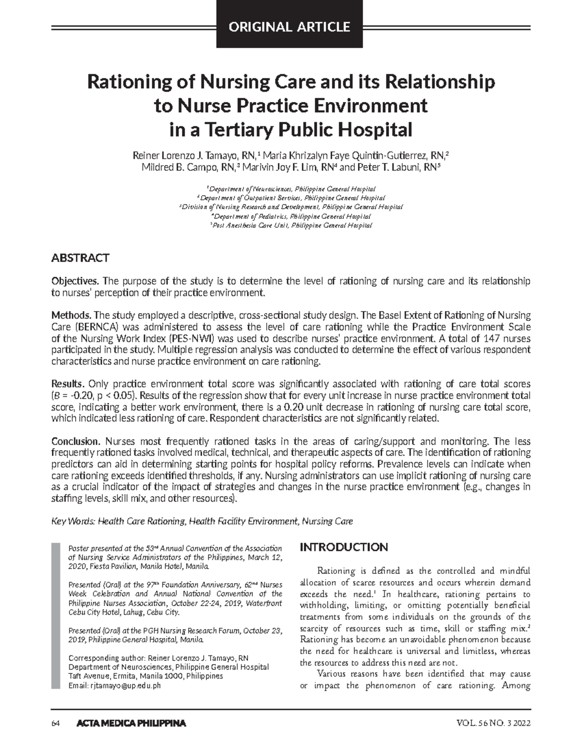 Rationing of Nursing Care and its Relationship - Tamayo, RN, 1 Maria ...