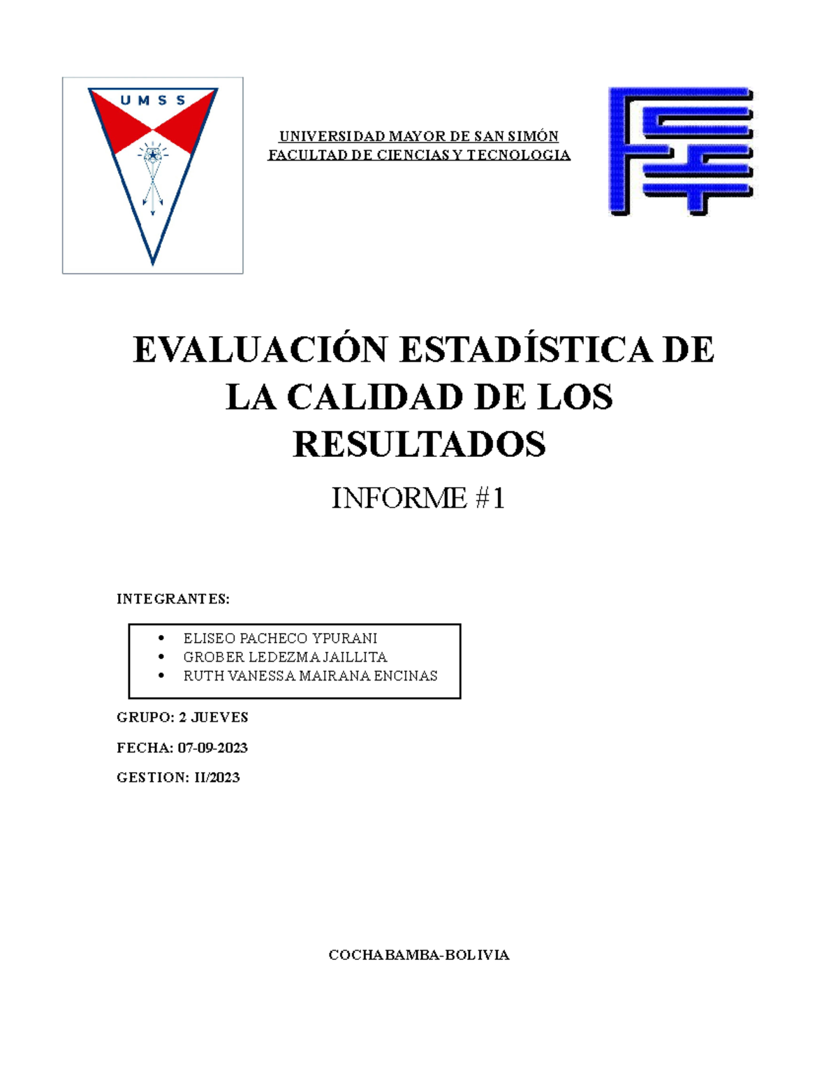 Informe 1 LABO- Analitica - UNIVERSIDAD MAYOR DE SAN SIMÓN FACULTAD DE ...