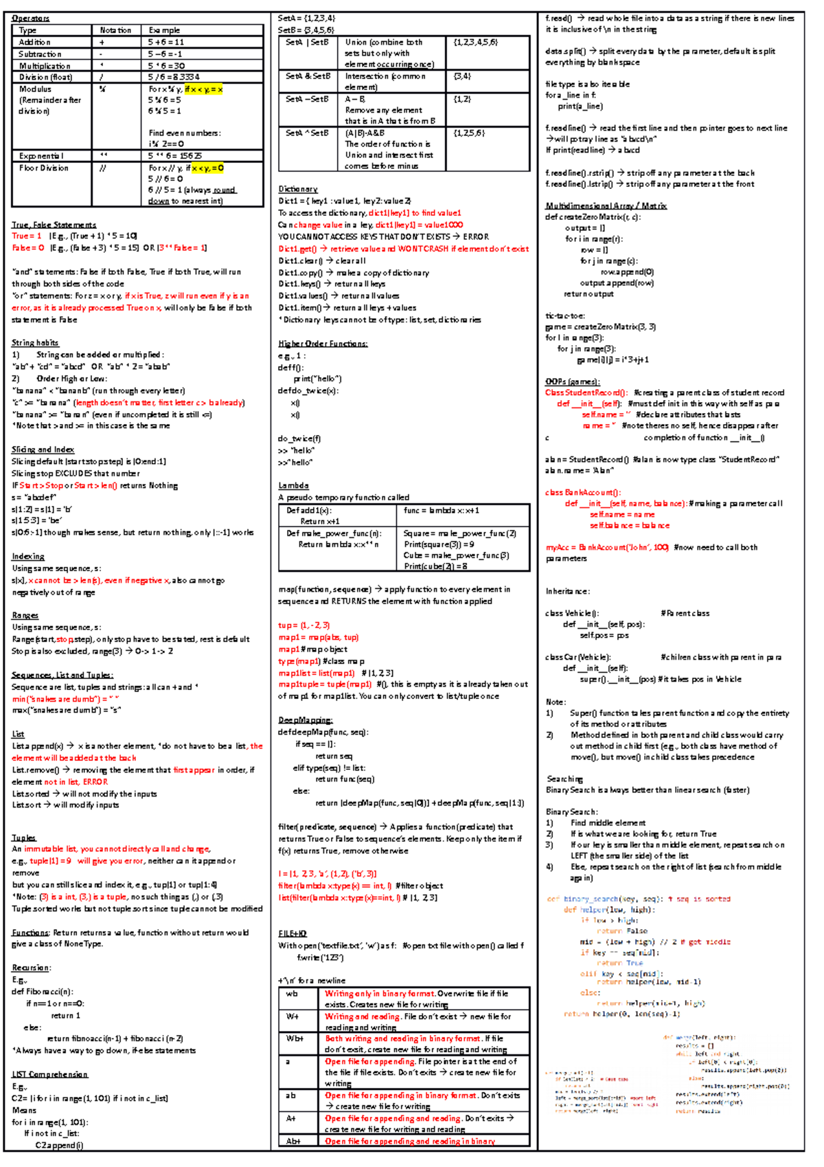 Cheat Sheet - Operators Type Notation Example Addition + 5 + 6 = 11 ...