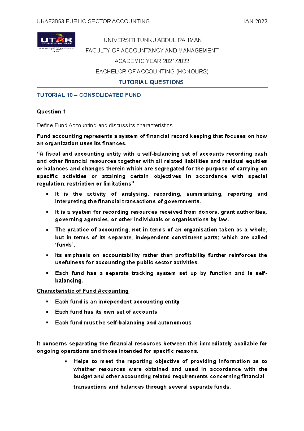 Tutorial 10 Consolidated Fund (answer) UKAF3063 PUBLIC SECTOR