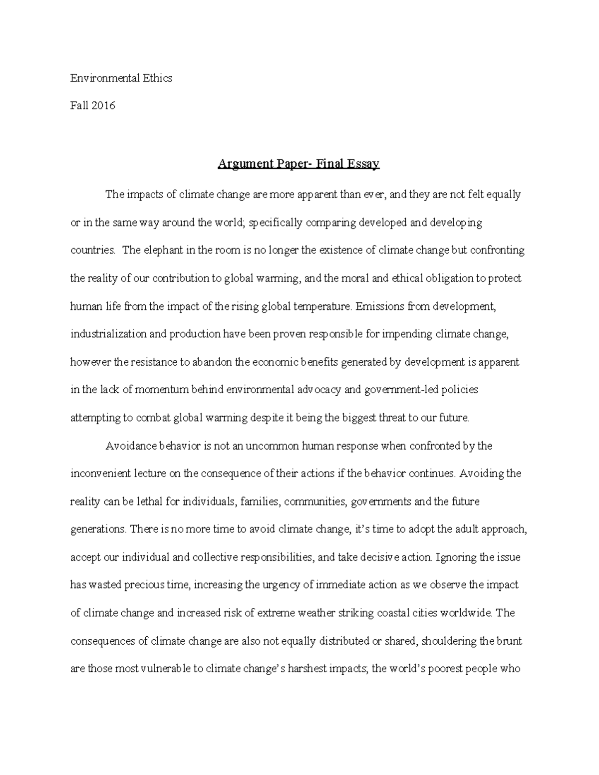 Argument Final - A - Environmental Ethics Fall 2016 Argument Paper ...