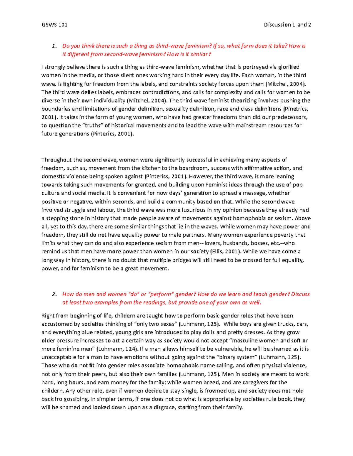 GSWS 101 - Discussion 1 and 2 - GSWS 101 Discussion 1 and 2 Do you ...