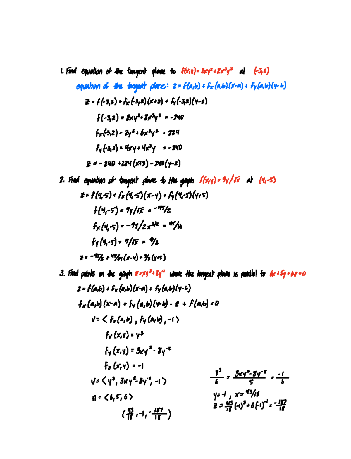 MATH 223 Unit 5 Class Notes - 1 Find equation ofthe tangent plane to ...