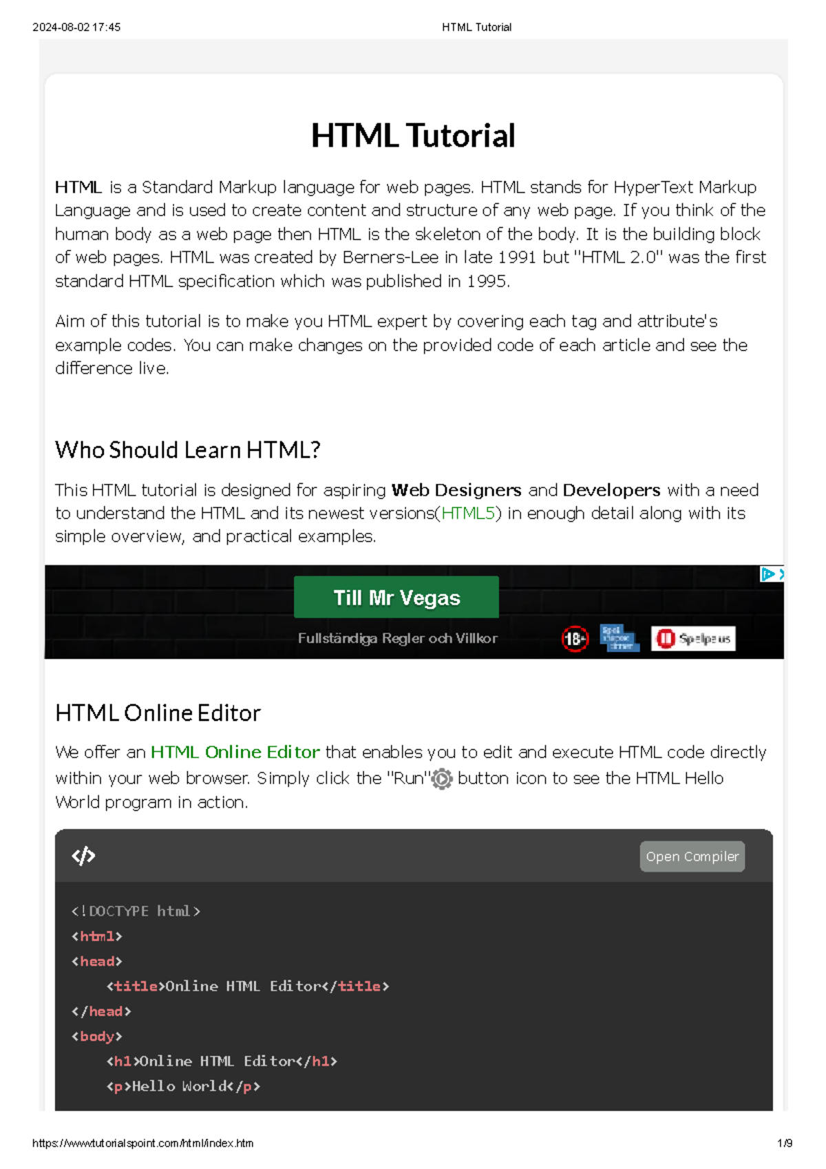HTML Tutorial - ??? - HTML Tutorial HTML is a Standard Markup language ...
